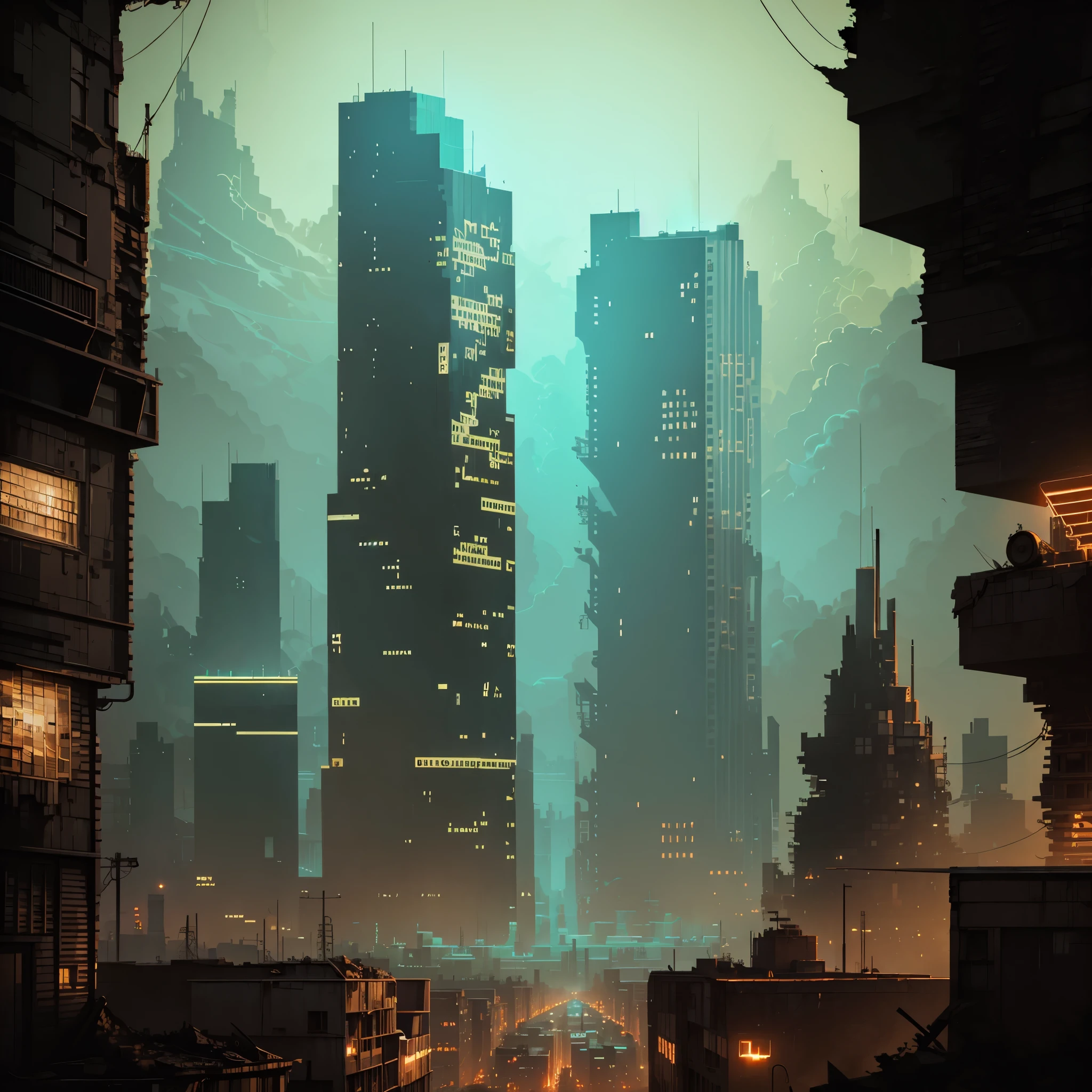 In a post-apocalyptic metropolis, the remnants of a giant city lay in ruins, resembling a pixelated game style. The view is captured through the perspective of a drone, providing a unique fisheye lens effect. The atmosphere is infused with nostalgic cyberpunk vibes, as dilapidated cars and buildings are intertwined with each other in a mesmerizing display. The city is bathed in the radiance of neon lights, casting an eerie glow on the floating dust particles that fill the air. Among the desolation, nature persists, with plants slowly reclaiming the urban landscape with their persistent growth. The scene is a captivating blend of the futuristic and the decayed, creating a surreal world where the remnants of the past merge with the possibilities of a new future.