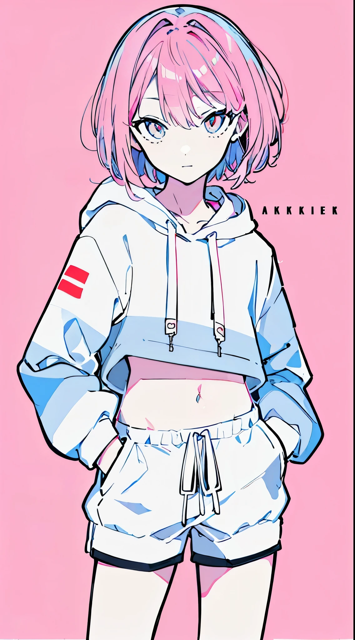 (masterpiece, highest quality:1.6), alone, thick outline, (simple background, Bright pink background, monochrome, bright pink theme:1.2), official art, Key Visual, 8K, confused, whole body, (Unique hair, oversized hoodie, hot pants, arch back, short torso:1.2), belly button, thighs, cowboy shot, HDR, sharp focus, High resolution, most detailed, very detailed, Super detailed, finely, detailed eyes and face, sharp pupils, realistic student, alone, pink and white contrast, alone, hands in pockets