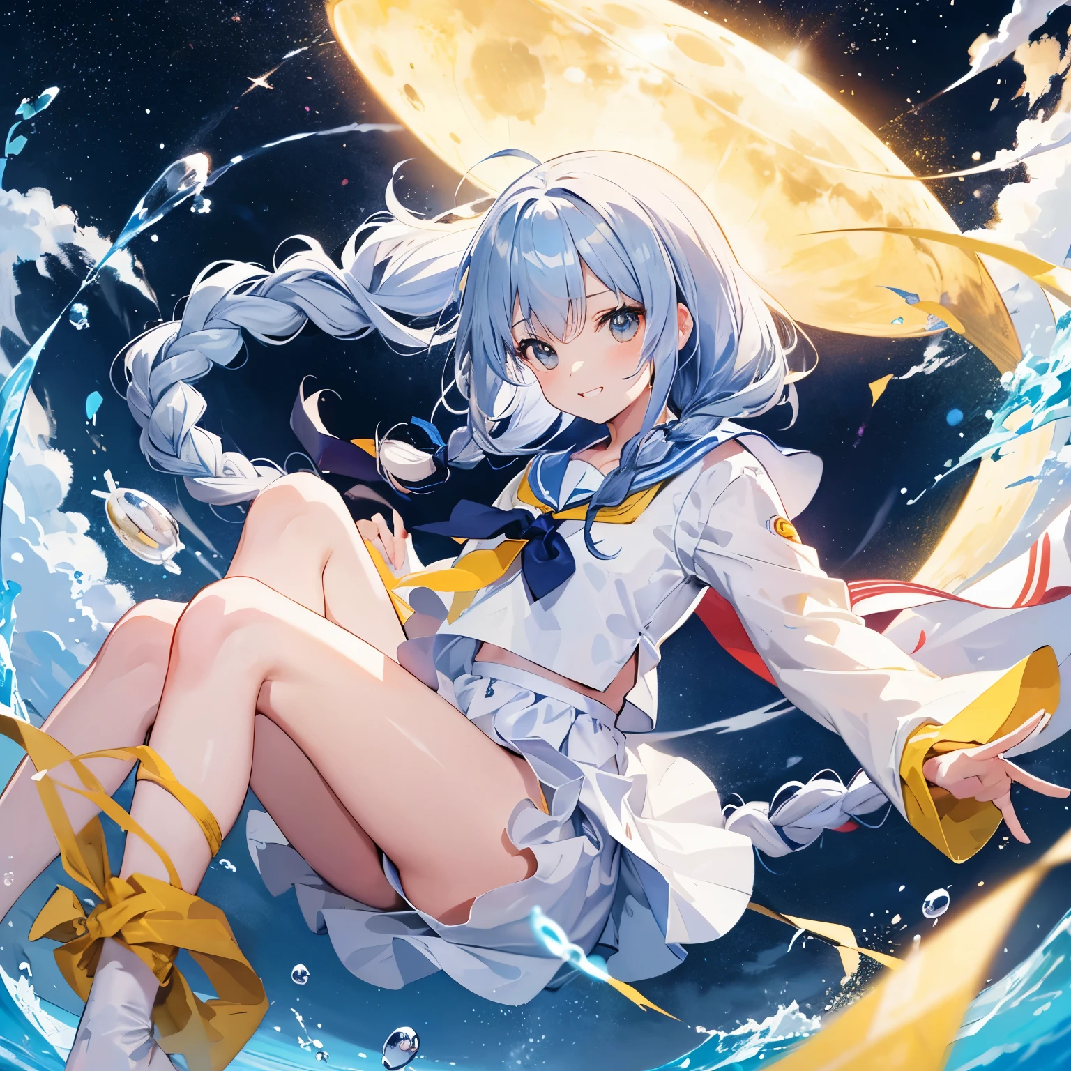 moonへ旅行、Long braided hair、side braids、holding a small flag、no gravity、moon面旅行、sailor suit、sailor color、yellow uniform、lively girl、Banzai、best smile、Floating in the air、Hair bounces、yellow image、moon、crater、moonにいるうさぎ、Water droplets