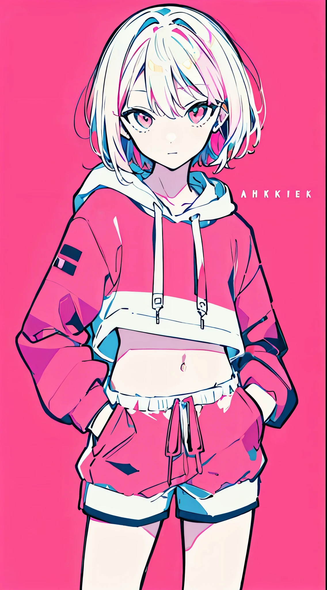 (masterpiece, highest quality:1.6), alone, thick outline, (simple background, Bright pink background, monochrome, bright pink theme:1.2), official art, Key Visual, 8K, confused, whole body, (Unique hair, oversized hoodie, hot pants, arch back, short torso:1.2), belly button, thighs, cowboy shot, HDR, sharp focus, High resolution, most detailed, very detailed, Super detailed, finely, detailed eyes and face, sharp pupils, realistic student, alone, pink and white contrast, alone, hands in pockets