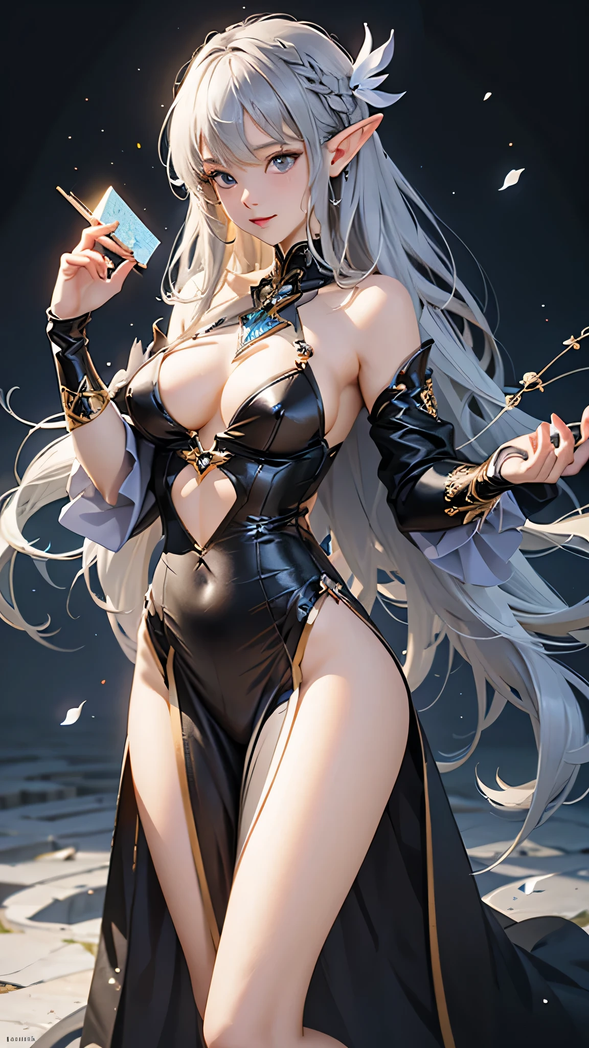 (Close-up:1.4)、(RAW photo:1.2)、(photorealistic:1.4)、(masterpiece:1.3)、(最high quality:1.4)、(Beautiful woman with perfect body:1.4)、solo、7 head and body、(cute face)、(cute:1.2)、(full body shot)、(big breasts:1.3)、(beautiful detailed eyes)、(charming big eyes)、(beautiful double eyelids)、(beautiful and detailed face)、(fantasy、Magic Effects、summoner:1.3)、(Half-Elf:1.2)、(silver hair:1.2)、gorgeous dress、trong wind、See-through、Wet、dark hair、slender、small butt、beautiful feet、skinny legs、Surrealism、cinematic lighting、Depth of bounds written、first person perspective、ticker、muste piece、curate、(perfect anatomy:1.2)、textured skin、super detail、high details、high quality、best quality、High resolution、8K、illumination
