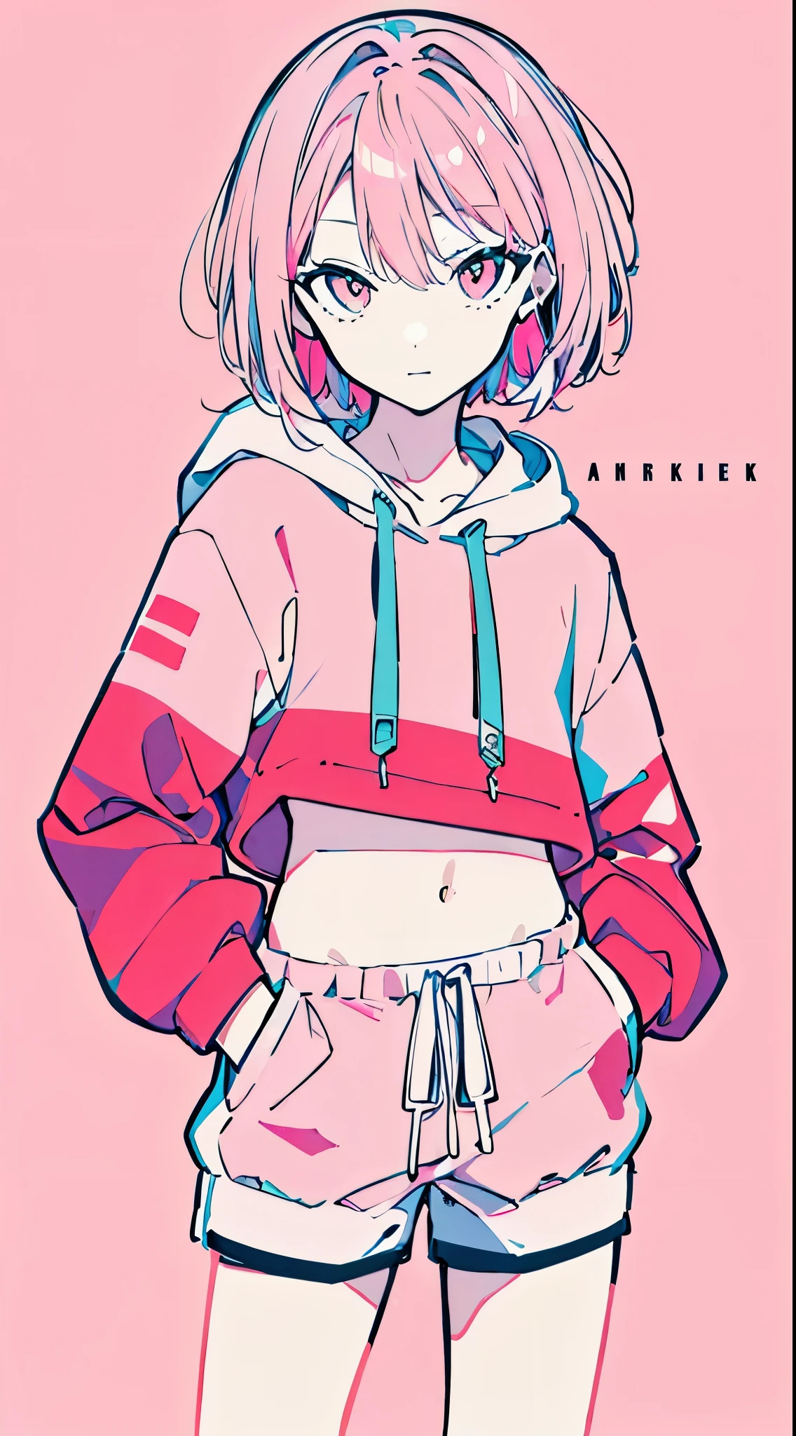 (masterpiece, highest quality:1.6), alone, thick outline, (simple background, Bright pink background, monochrome, bright pink theme:1.2), official art, Key Visual, 8K, confused, whole body, (Unique hair, oversized hoodie, hot pants, arch back, short torso:1.2), belly button, thighs, cowboy shot, HDR, sharp focus, High resolution, most detailed, very detailed, Super detailed, finely, detailed eyes and face, sharp pupils, realistic student, alone, pink and white contrast, alone, hands in pockets