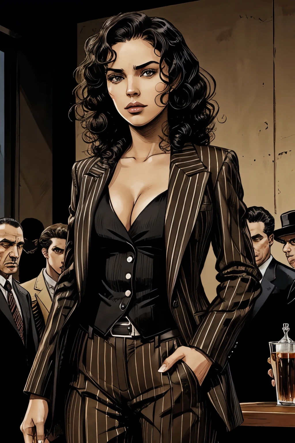 A girl, black hair, curly hair, brown eyes, mobster, bad look, mafia style, striped suit , best quality, masterpiece. 