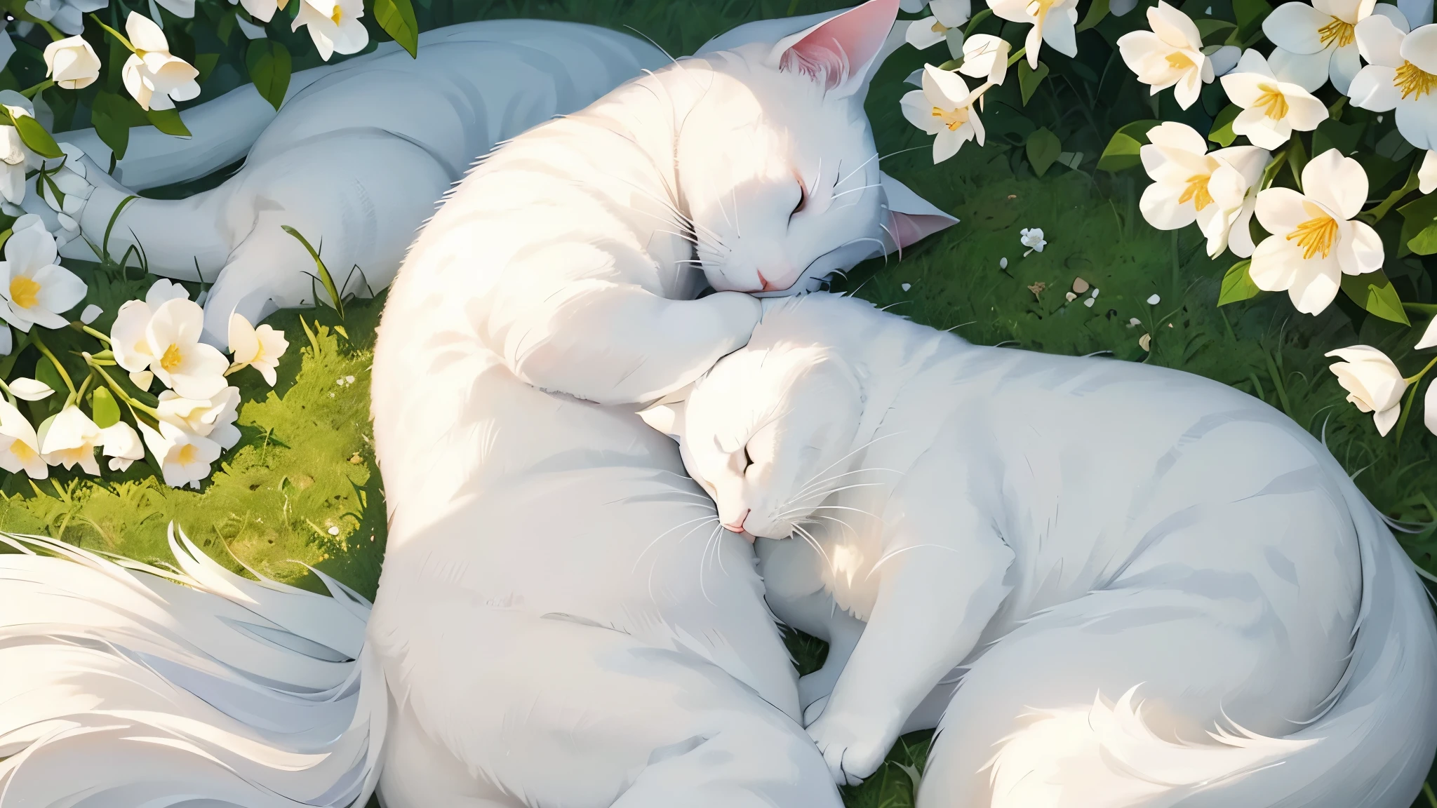 A white cat sleeps with closed buds surrounded by many flowers、in the gentle light、The breeze is blowing、A white cat with a gentle expression、