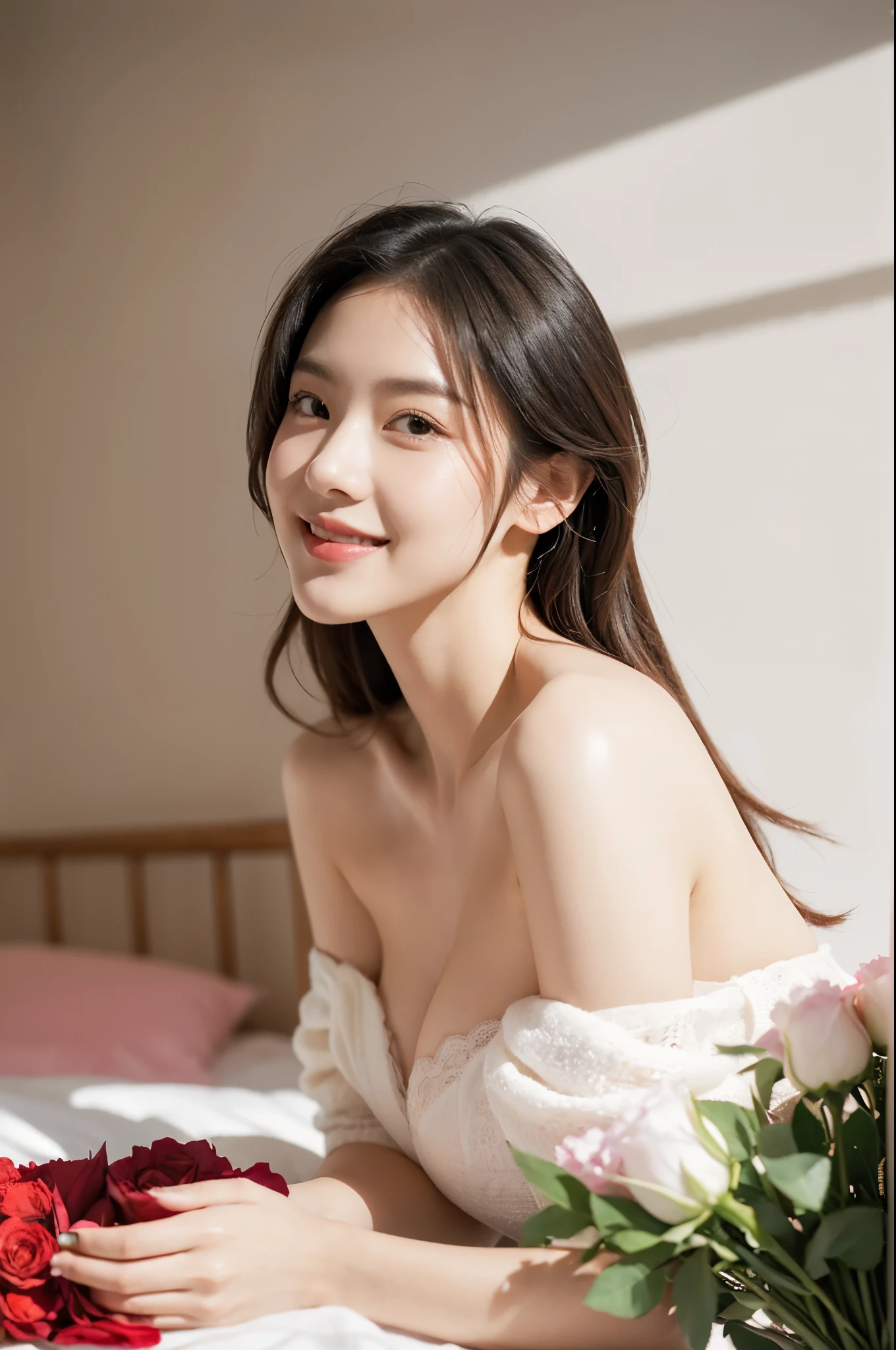 (half body potrait:1.3),front view,cute,smile,Superior Quality, Masterpiece, beautiful hand,Ultra High Resolution, (big breast),(Photorealistic: 1.4),Portrait of a sexy young woman wearing white sexy dresses inside beautiful studio room with lots of flowers, she is holding a bundle of roses to celetrate valentine's day,valentine style,plain background,front view