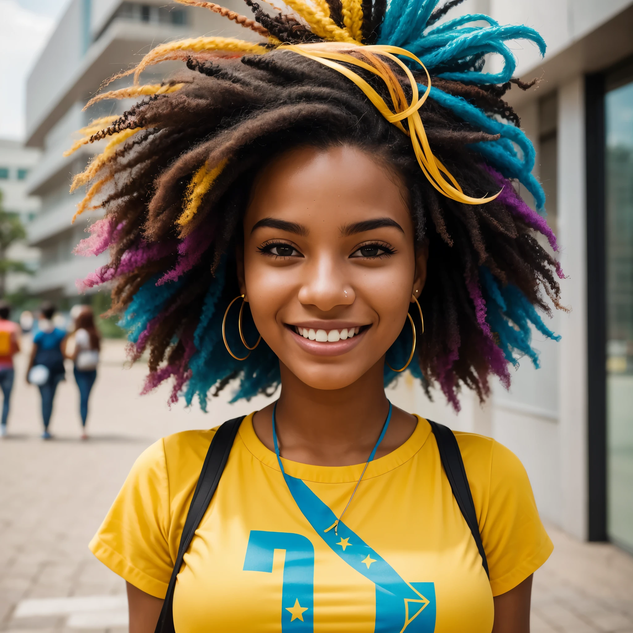 multicolored hair, crown, dashed eyes, smile, Hyperrealism, cinematic lighting, close-up, Ultra-Wide Angle, 135mm, Canon, best quality, high quality, super detail 20-year-old Brazilian student ambles through the bustling university campus. Dressed in lively attire, her carefree hair dances with the breeze. The details on her face showcase a mix of curiosity and focus. In the backdrop, murals of abstract and futuristic urban art contribute to the modern and inspiring ambiance. Engaged in conversations, she exudes a vibrant presence, navigating an academic environment that seamlessly fuses art, innovation, and learning.