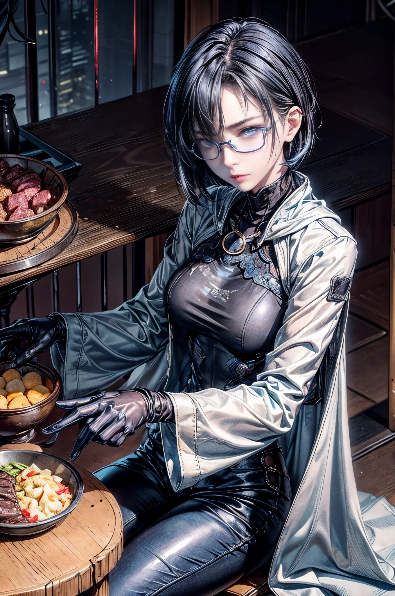 cinematic lighting、highly detailed skin,1 girl, highest quality,cyber punk,(dim color, soothing tone:1.3),(Beautiful woman、Detailed beautiful facial features、short black hair、blue eyes、Glasses、slender body:1.3)profile(Glasses:1.5)bare hands、break.White thick coat for the winter、purple knit tops、leather style tight pants、BREAK(iron table)(sit on a chair、bare hands:1.3)night、night景がキレイな和風飲食店店内、(Eat beef bowl)bare hands