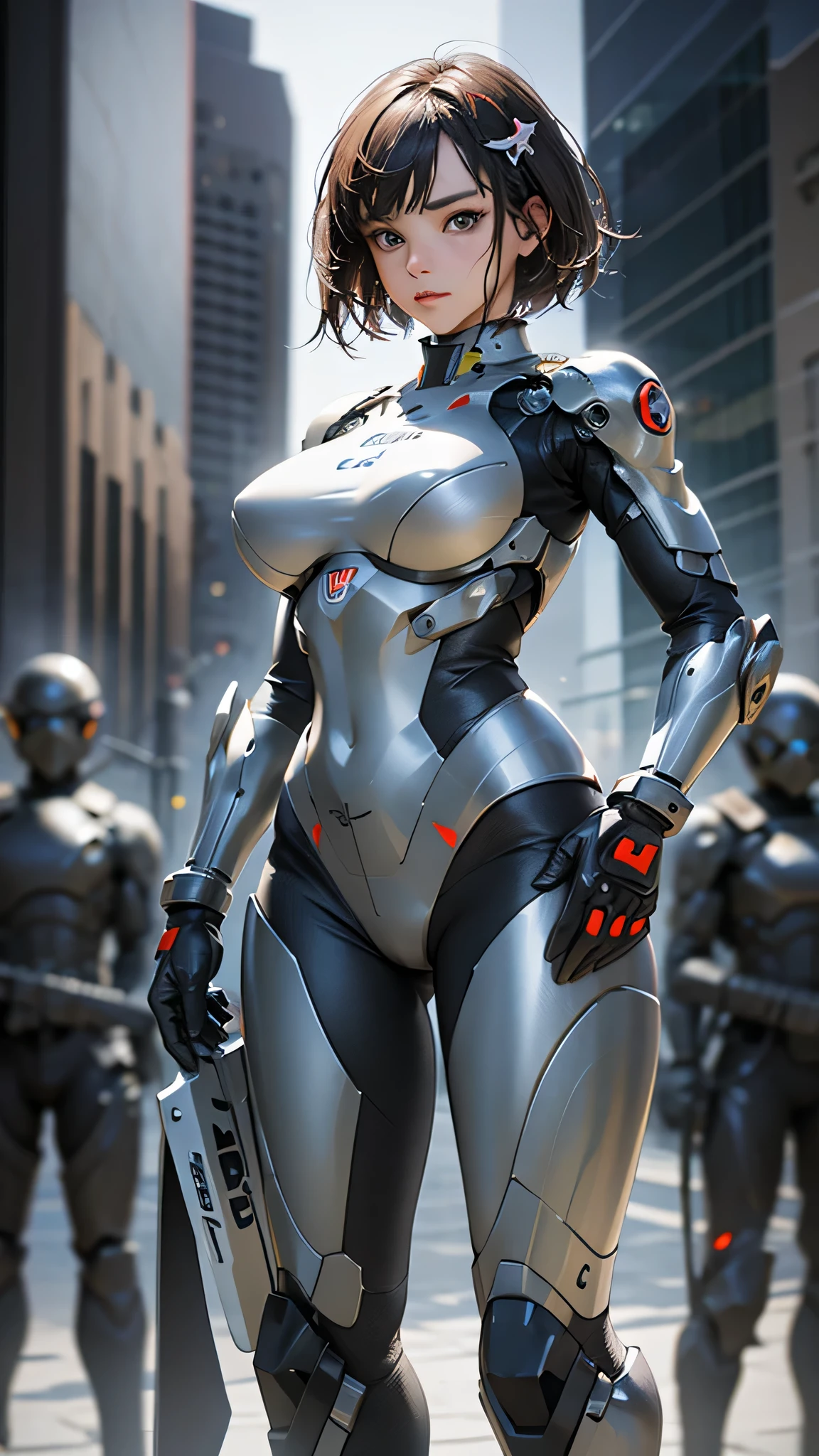 (Close-up:1.4)、(RAW photo:1.2)、(photorealistic:1.4)、(masterpiece:1.3)、(highest quality:1.4)、(Beautiful woman with perfect body:1.4)、A woman stands in front of a group of robots、beautiful android woman、beautiful female soldier、girl in a suit、complex combat uniform、beautiful young Japanese woman、Highly detailed face and skin texture、detailed big eyes、double eyelid、cute face、(short bob:1.2)、(huge breasts)、(full body shot)、cowboy shot、(angry expression:1.2)、Storms and epic war scenes、cyberpunk scene、night time、illumination、plug suit、combat uniform damage、