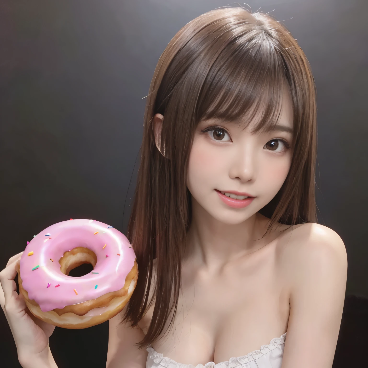 nsfw, 1girl in, (solo), photorealistic, hyperrealistic, masterpiece, best quality, 8K, hight resolution, extremely detailed girl, extremely detailed beautiful face, Beautiful skin, shiny skin, perfect anatomy, smile, looking at viewer, beautiful eyes, ideal ratio body proportions,medium hair, medium breasts, shiny beautiful skin, japanese, face focus, front view, upper body, (eating donuts:1.4), have donut, tube top,photorealistic, simple background, enako