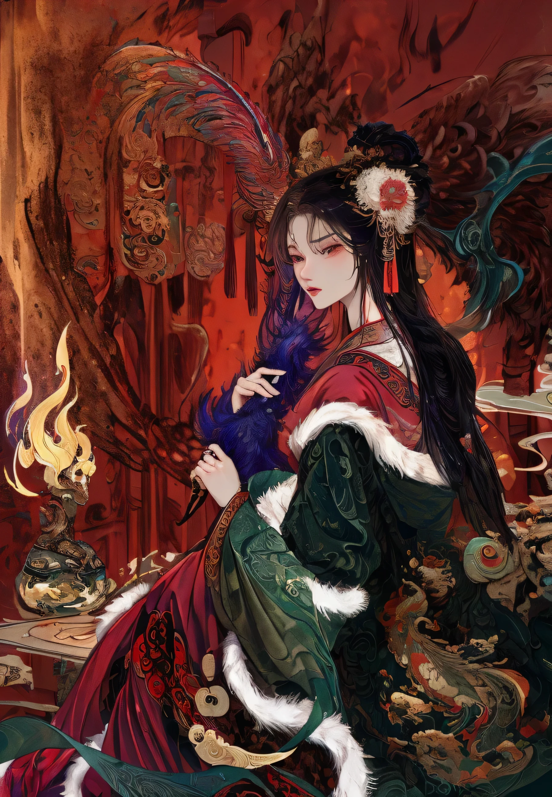 ((Unreal Engine 5)), Realistic rendering, ink strokes，Excellent, Pictures of beauties in the court of Han Dynasty, Dark green mink poncho，red robe，Holding peacock feathers in hand，beautiful，Palace candlelight background，Bronze Crane，The feeling comes from Chen Danqing, zhang daqian，Inspired by Hu Zaobin, Inspired by Zhu Derun, Ukiyo-style，