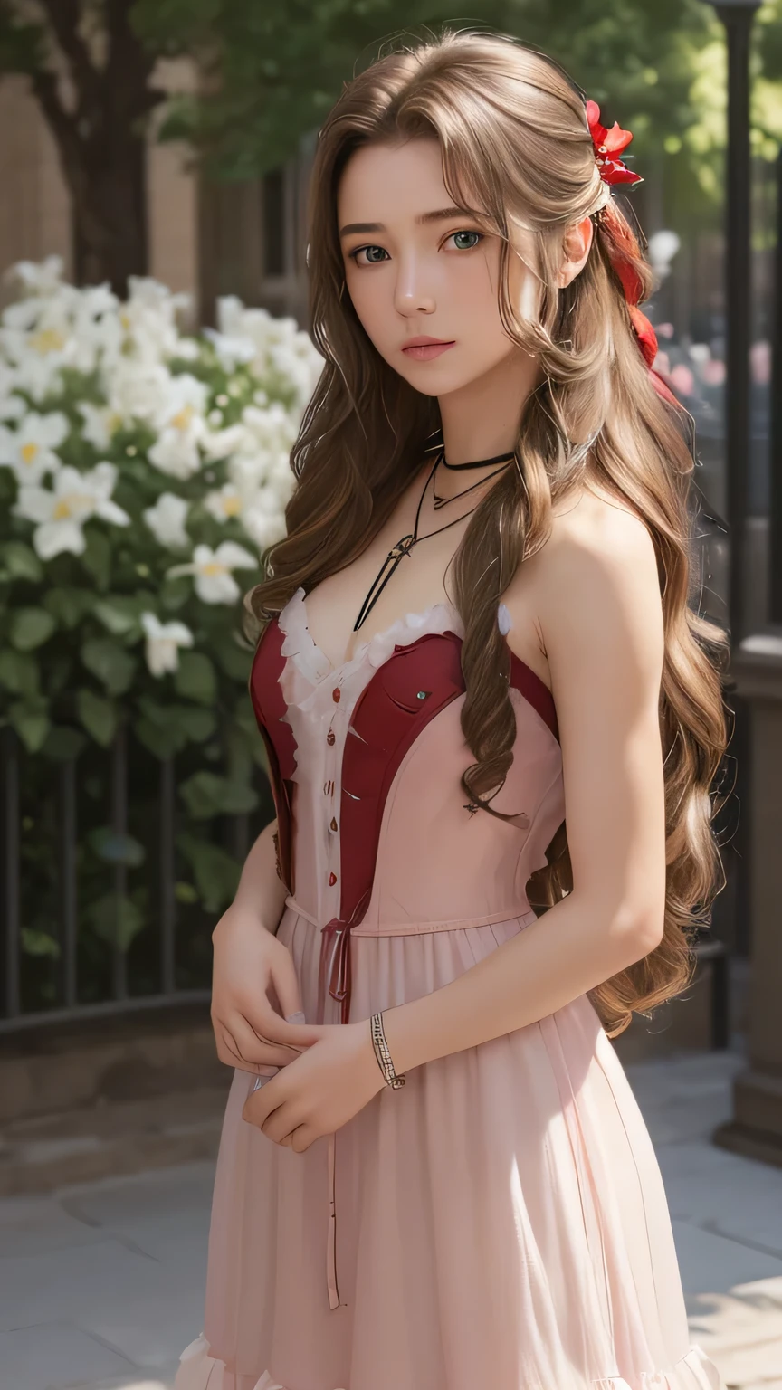 (masterpiece, 最high quality:1.4), (Future days), (full of white flowers), (1 girl), alone, (european youth:1), Aeris Gainsbourg, choker, cropped jacket, hair ribbon, bracelet, pink dress, brown boots, very long hair, hair ribbon, hair flower, strapless red dress, high heels hyperrealistic, high resolution skin, Digital single-lens reflex camera, soft lighting, high quality, highly detailed face, highly detailed skin, skin pores, scattered below the surface, realistic pupils, Medium chest, blush all over the face, lip whole, detailed background, written boundary depth, volume lighting, sharp focus, confused, realistic proportions, excellent anatomy, (realistic, hyperrealistic:1.4), 16K HDR,