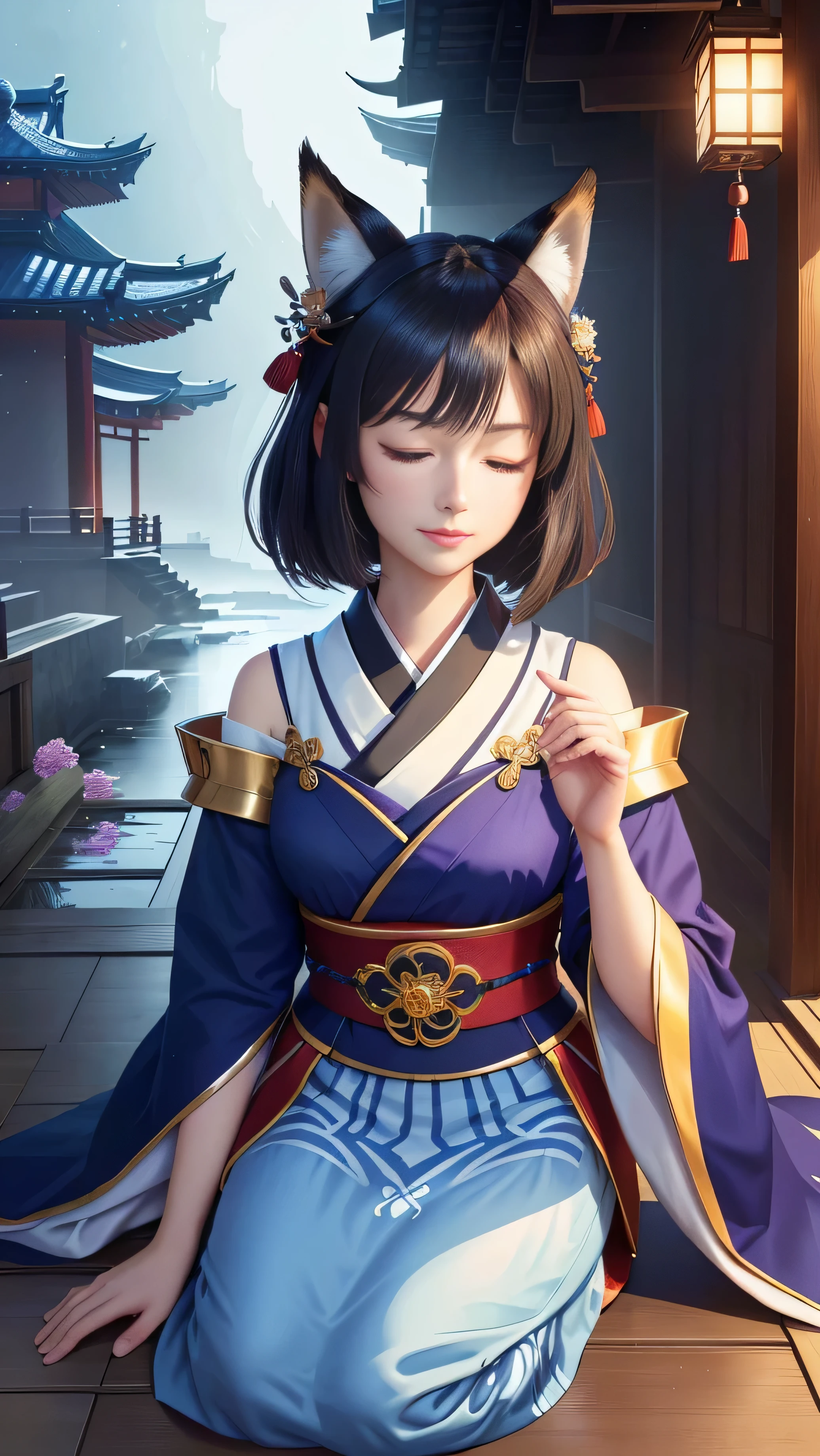 masterpiece , highest quality,close up of face,Mysterious,sitting on the floor,seiza,pray,close your eyes,whole body,Only one person,precision quality,beautiful short hair, masterpiece, japanese architectureの背景,beautiful details, colorful, delicate details, delicate lips, intricate details, genuine, ultrargenuineista, 枝に座っている色とりどりの髪のFoxを持つ女の子:mature, bright eyes, ,色とりどりのFox, Raposa the Nine Tails, 三尾Fox, 三尾Fox, Onmyoji detailed art, beautiful fine art illustration, mythical creatures, Fox, beautiful digital art,shrine maiden,japanese architecture,Holding hands,exquisite digital illustration, mizutsune, Inspired by mythical wild nest creatures, pixiv in digital art, dazzling light, high contrast, Mysteriousな,