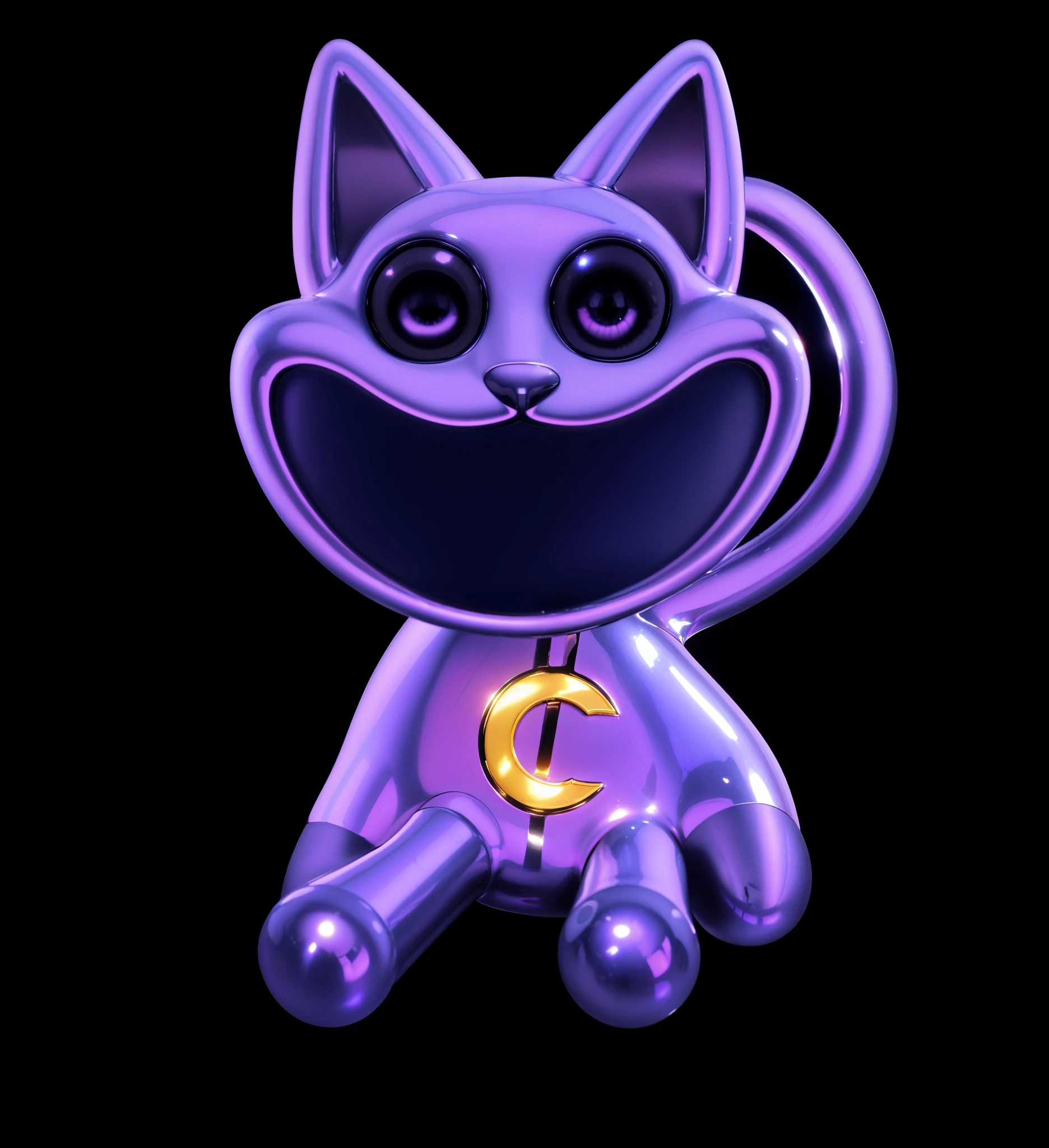 purple cat toy, toy cat sitting on floor, glossy texture, smooth 3d model, multiple light sources, rim light, sharp post effects render, (glossy metallic texture with multiple big light probe refractions), perfect cgi, cgi art created only with gradients, smooth silhouette, high intensity refraction, (super glossy chrome material), most beautiful vfx, blue background, chrome metal refractions 4k, detailed digital art, reflective, best quality, 4k, masterpiece:1.2, ultra-detailed, realistic, vivid colors, dark and moody lighting, The image of the highest quality, ensuring every detail showcased perfectly. It in 4k resolution, allowing viewers to immerse themselves in the richness of the colors and intricate details. The realistic rendering. under the spotlight, reflecting, high-resolution image, realistic rendering, dark background, and rim light