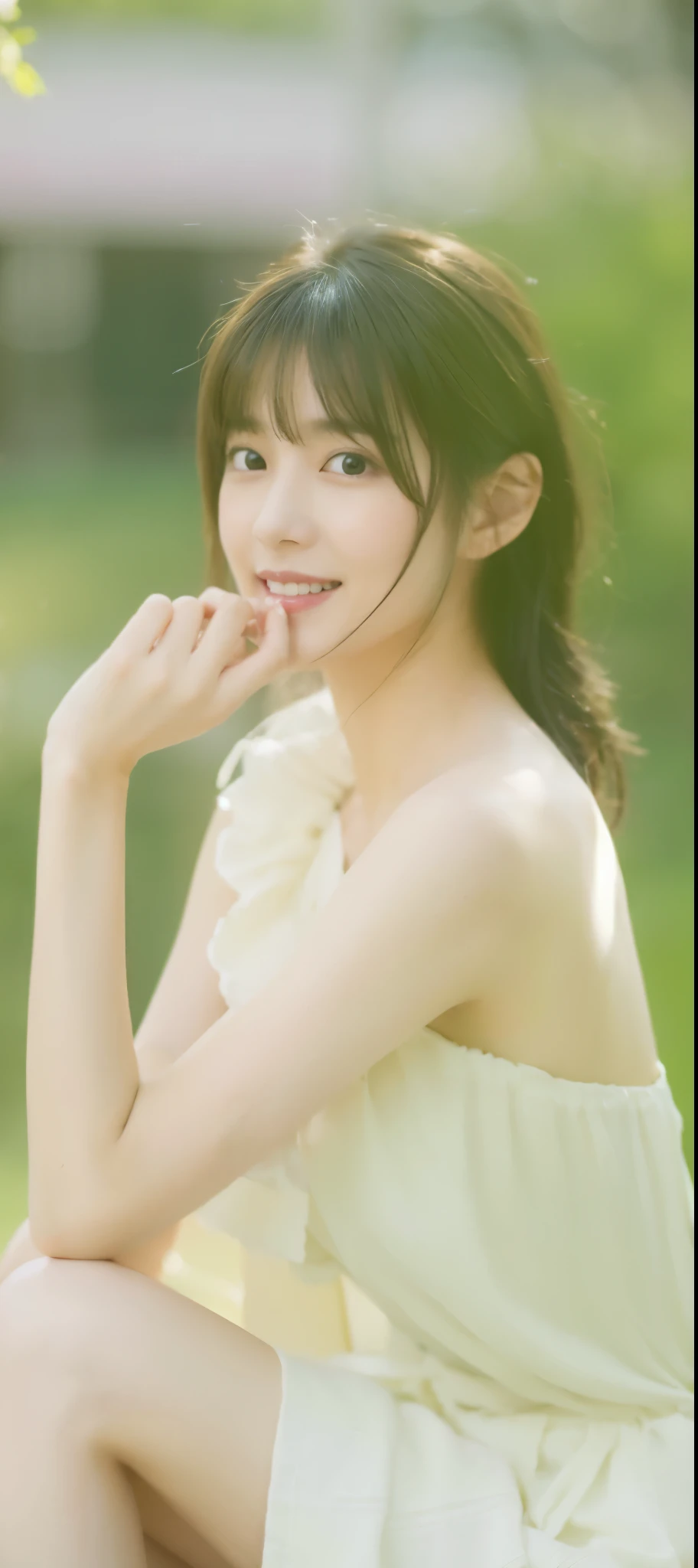 ((Masterpiece, Top image quality, high resolution、alone、shiny skin))(on the table, best quality, actual, super detailed, meticulous, high resolution, 8k wallpaper), Close-up portrait of a beautiful woman, Chariada, smiling, light brown messy hair, Perfect dynamic composition, 美丽meticulous的眼睛, Just like the cover of a fashion magazine, on campus