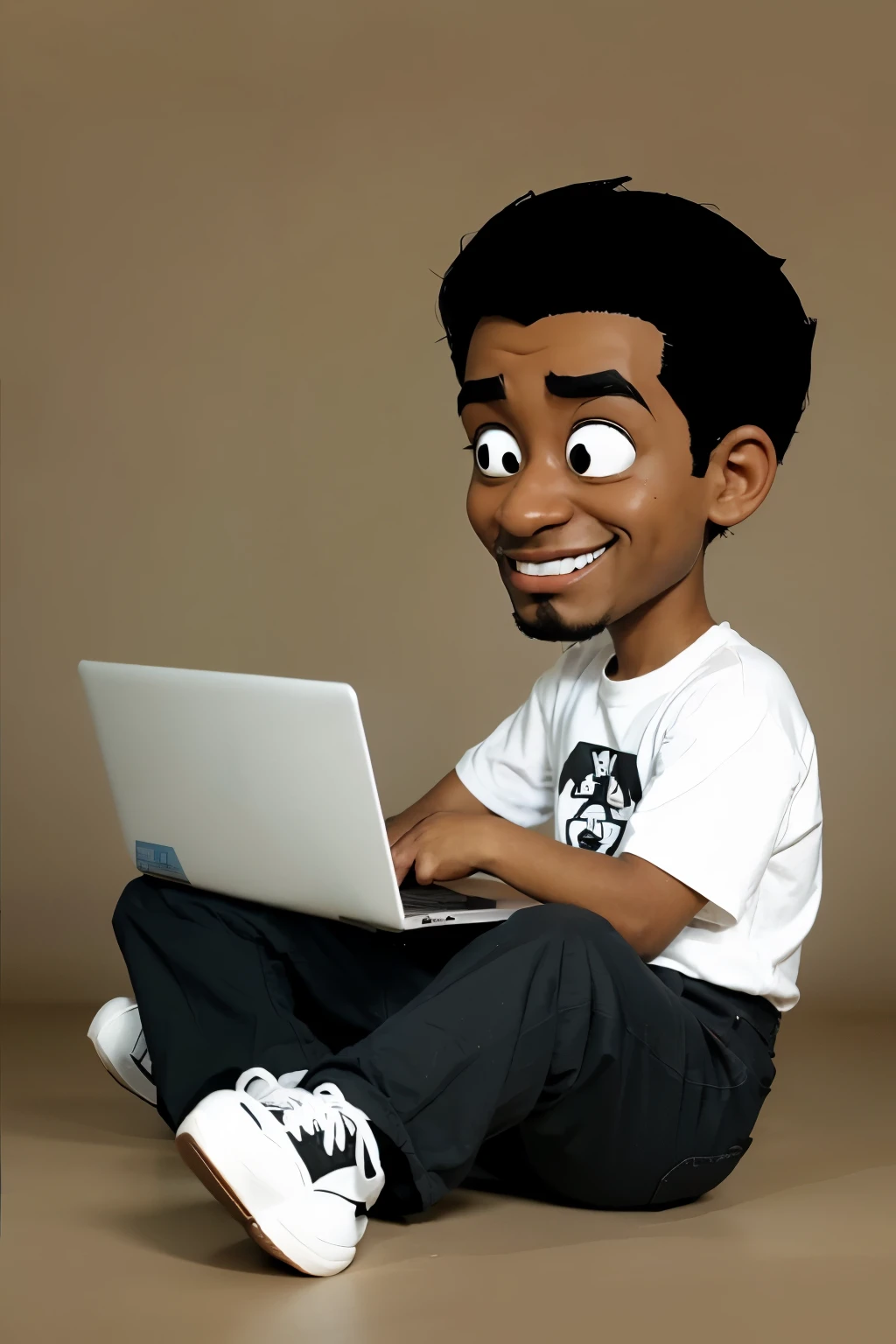 cartoon style, black man sitting behind a laptop