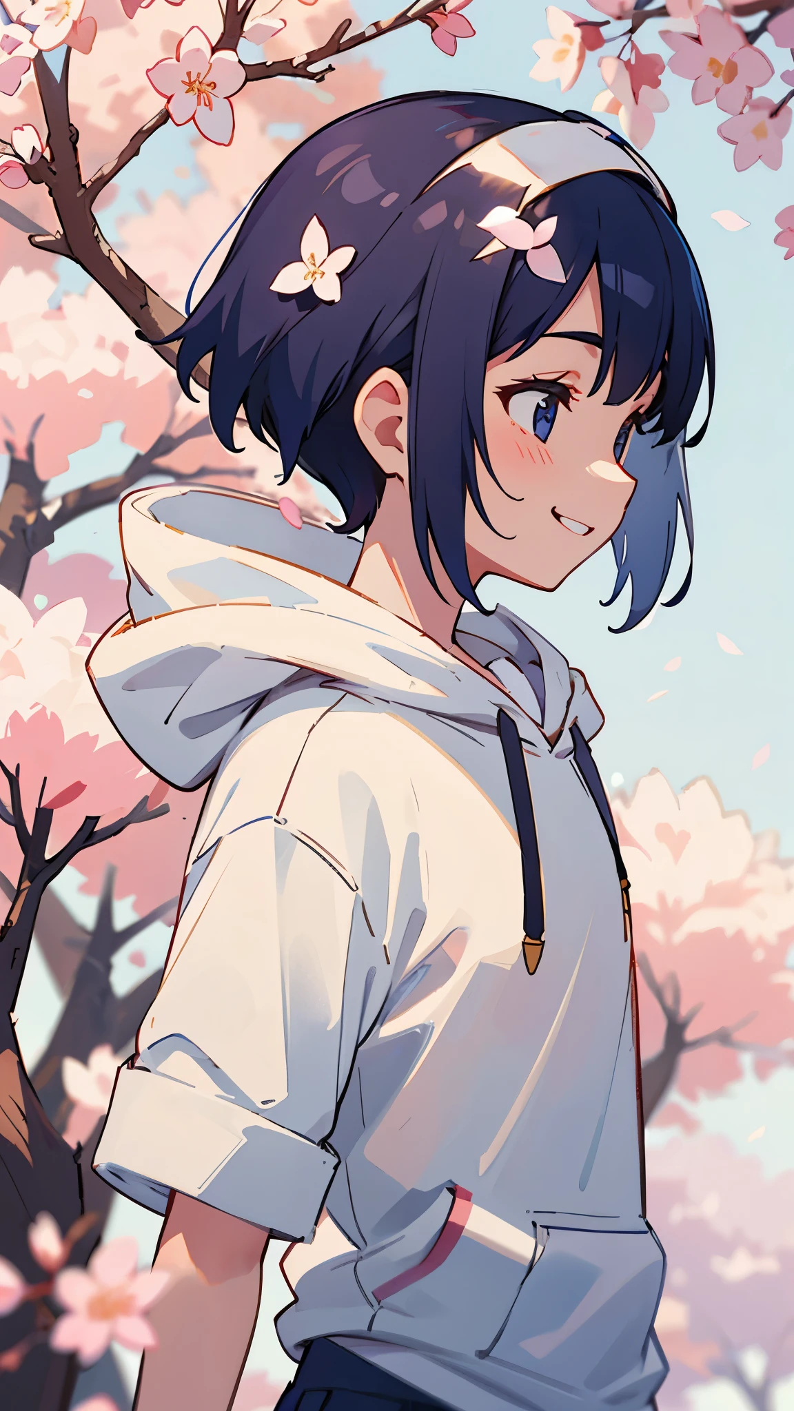 17 year old girl、solo、Short navy blue hair like a boy、white headband、profile、smile、wearing a white hoodie、white t-shirt、upper body close-up、shorts、Cherry blossom street tree background