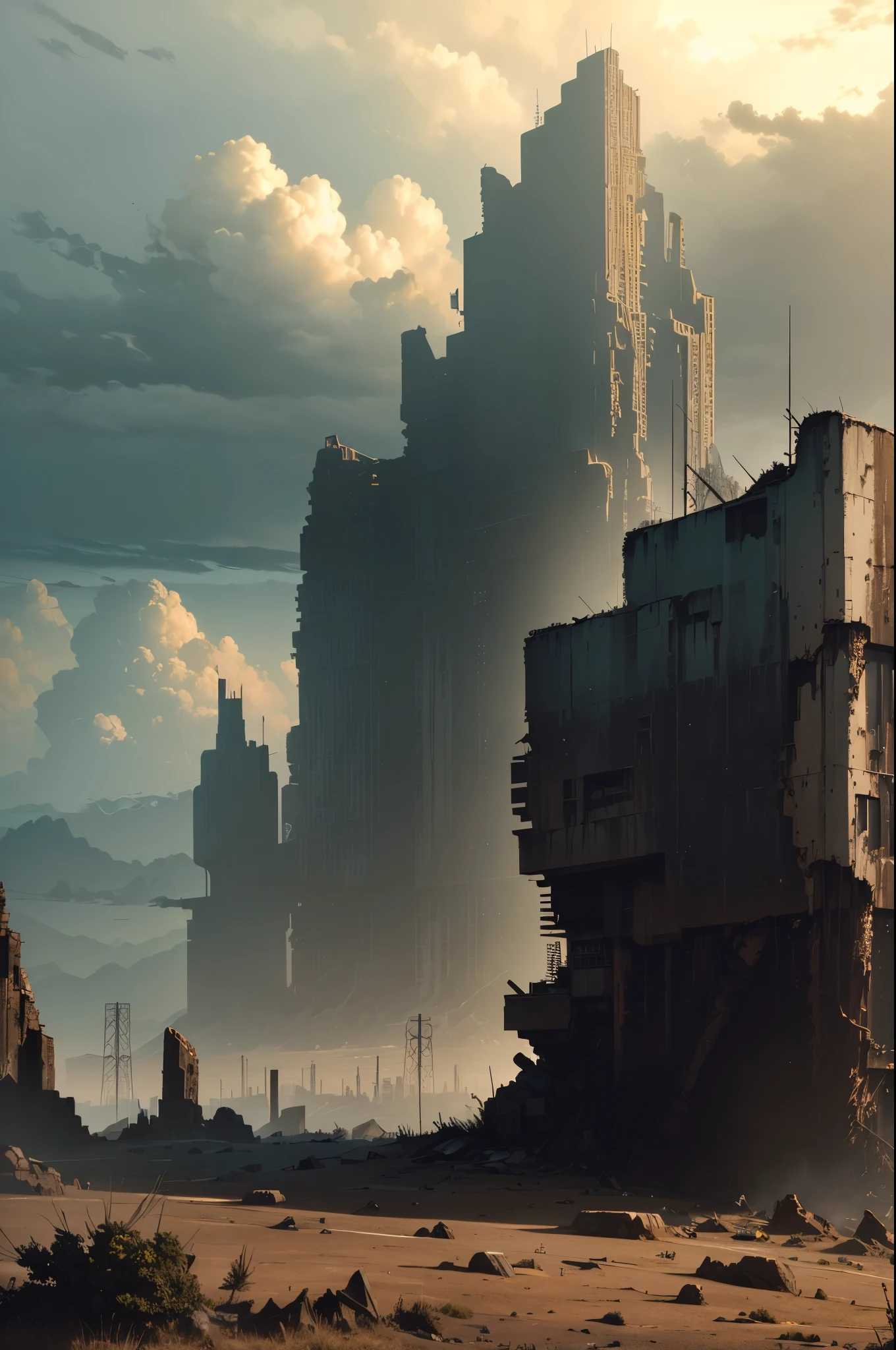 (best quality,4k,8k,highres,masterpiece:1.2),ultra-detailed,(realistic,photorealistic,photo-realistic:1.37),old mecha giant collapsed on a mountain,green grass open landscape,metallic armor,overgrown vegetation,aging rust,decaying structure,massive size,crumbling rocks,twisted mechanical parts,weathered and worn-out,post-apocalyptic atmosphere,pieces of broken machinery scattered around,dramatic clouds in the sky,distant city ruins,hints of an abandoned civilization,dusty air,earthy tones,ominous aura,impressive scale,shadowy depths,ominous mist brewing,solemn silence,wind-swept grass,slightly bent antenna,dilapidated control panels,dented armor plates,faded insignias,futuristic design with retro elements,dark corners and crevices,relic of a bygone era,harsh sunlight streaming through the clouds,heavy and solid construction,elongated limb joints,greenery reclaiming the mechanical monstrosity.