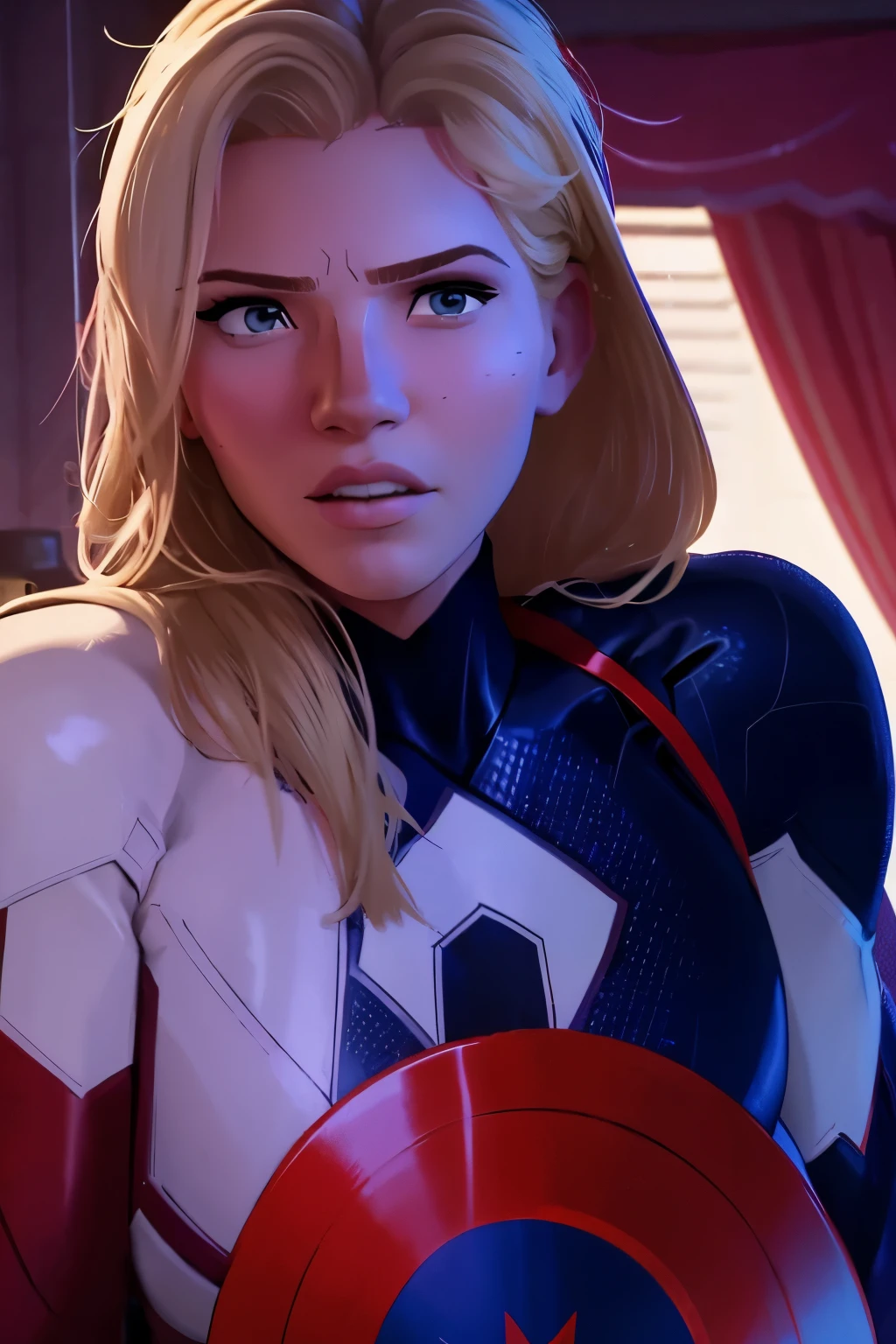 realistic image of (((katheryn winnick as captain america, wearing a  captain america suit with chield))) Clouse-up upper body of (kathwin: 1), (Rim lighting in hair), Sharp, shallow depth of field, feminine heroic, (curvas: 1,2), (altamente detalhado), (premiado), (obra-prima), foto do filme, ( HDR), (papel de parede 8k),captain america costume,voando,heaven background,foco feminino