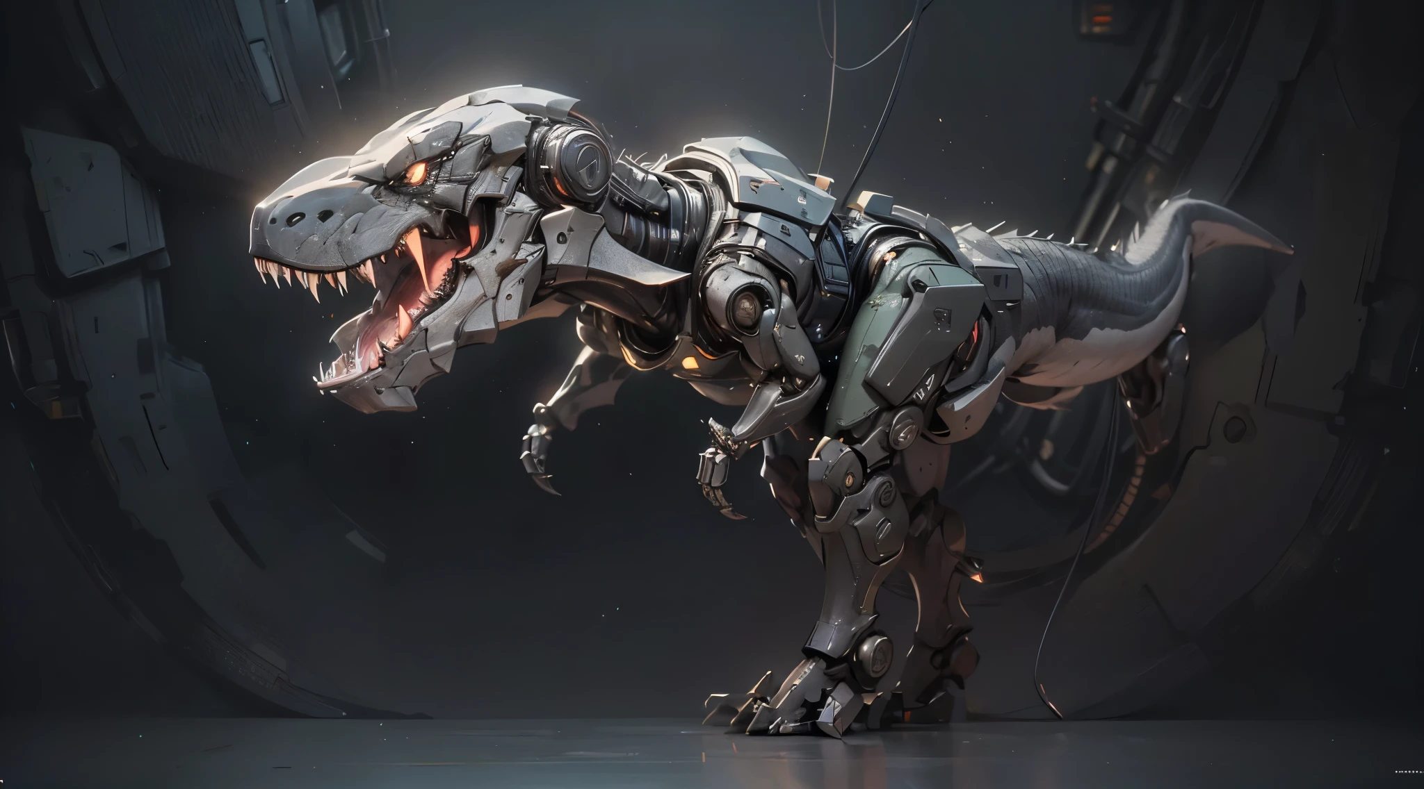 cyberpunk, Mechanical Tyrannosaurus Rex, glowing neon lights, ( global illumination, Ray tracing, human development report, Unreal rendering,Reasonable design, high detail, masterpiece, best quality, ultra high definition, Beijing_Zagu_Mecha