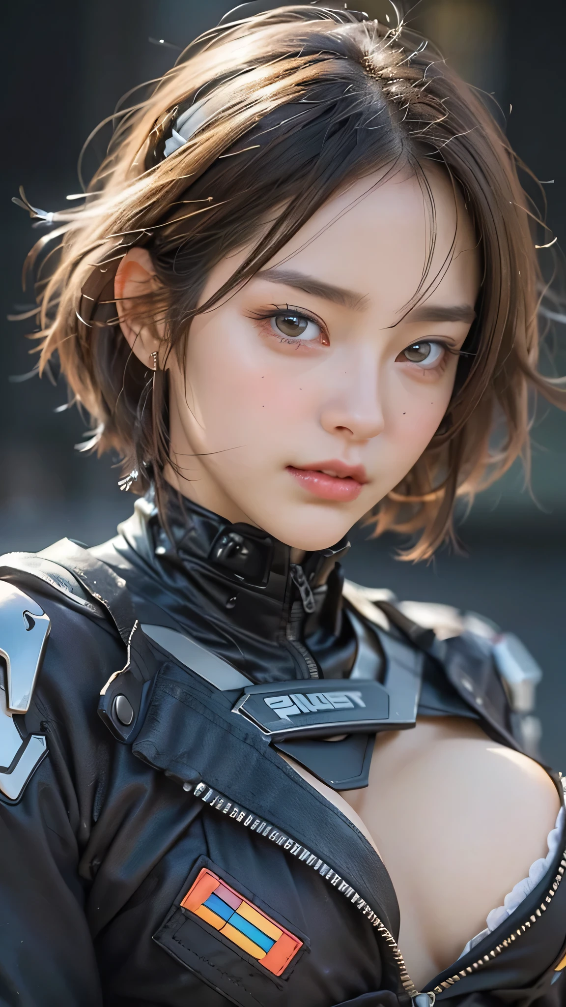 (Close-up:1.4)、(RAW photo:1.2)、(photorealistic:1.4)、(masterpiece:1.3)、(highest quality:1.4)、(Beautiful woman with perfect body:1.4)、A woman stands in front of a group of robots、beautiful android woman、beautiful female soldier、girl in a suit、complex combat uniform、beautiful young Japanese woman、Highly detailed face and skin texture、detailed big eyes、double eyelid、cute face、(short bob:1.2)、(huge breasts)、(full body shot)、cowboy shot、(angry expression:1.2)、Storms and epic war scenes、cyberpunk scene、night time、illumination、plug suit、combat uniform damage、
