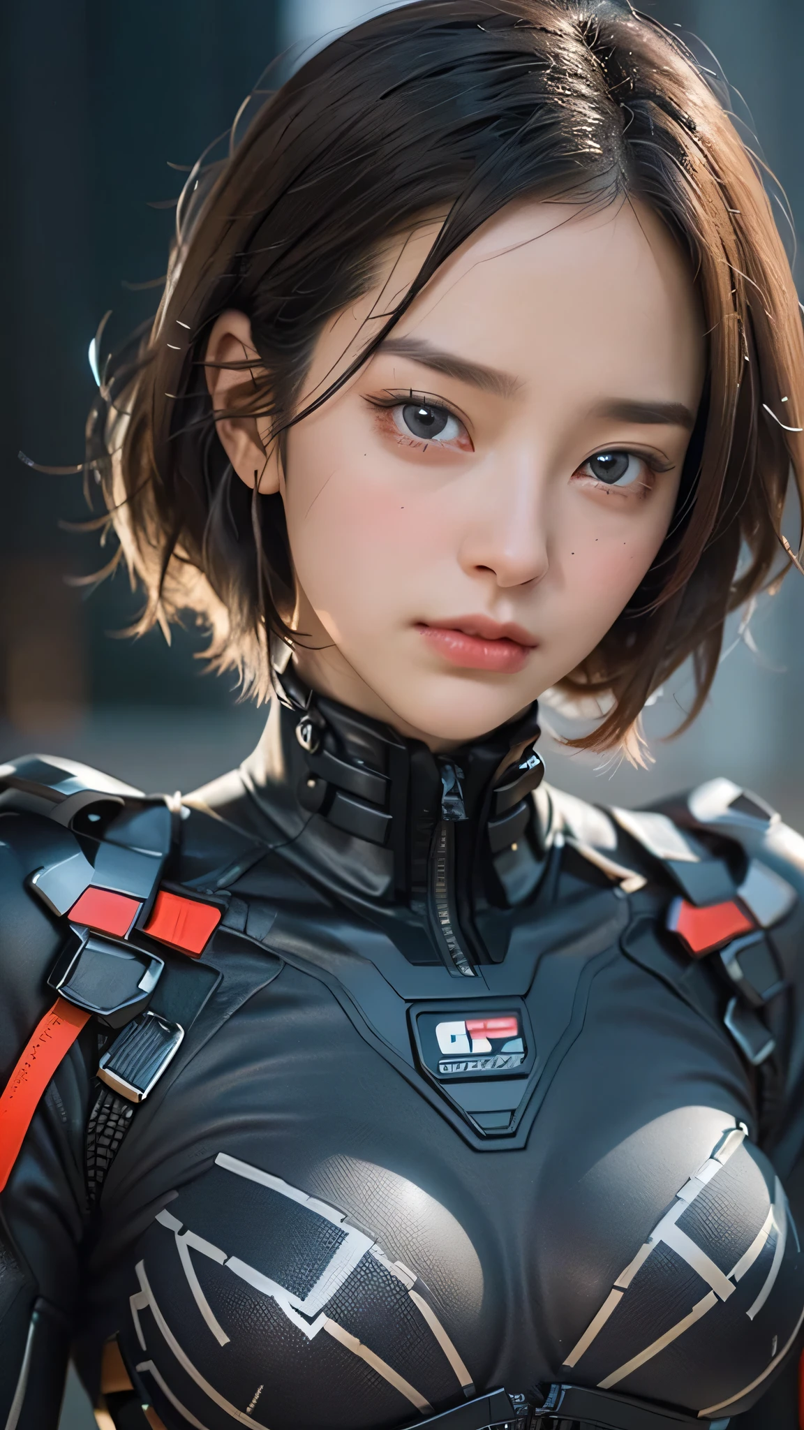 (Close-up:1.4)、(RAW photo:1.2)、(photorealistic:1.4)、(masterpiece:1.3)、(highest quality:1.4)、(Beautiful woman with perfect body:1.4)、A woman stands in front of a group of robots、beautiful android woman、beautiful female soldier、girl in a suit、complex combat uniform、beautiful young Japanese woman、Highly detailed face and skin texture、detailed big eyes、double eyelid、cute face、(short bob:1.2)、(huge breasts)、(full body shot)、cowboy shot、(angry expression:1.2)、Storms and epic war scenes、cyberpunk scene、night time、illumination、plug suit、combat uniform damage、