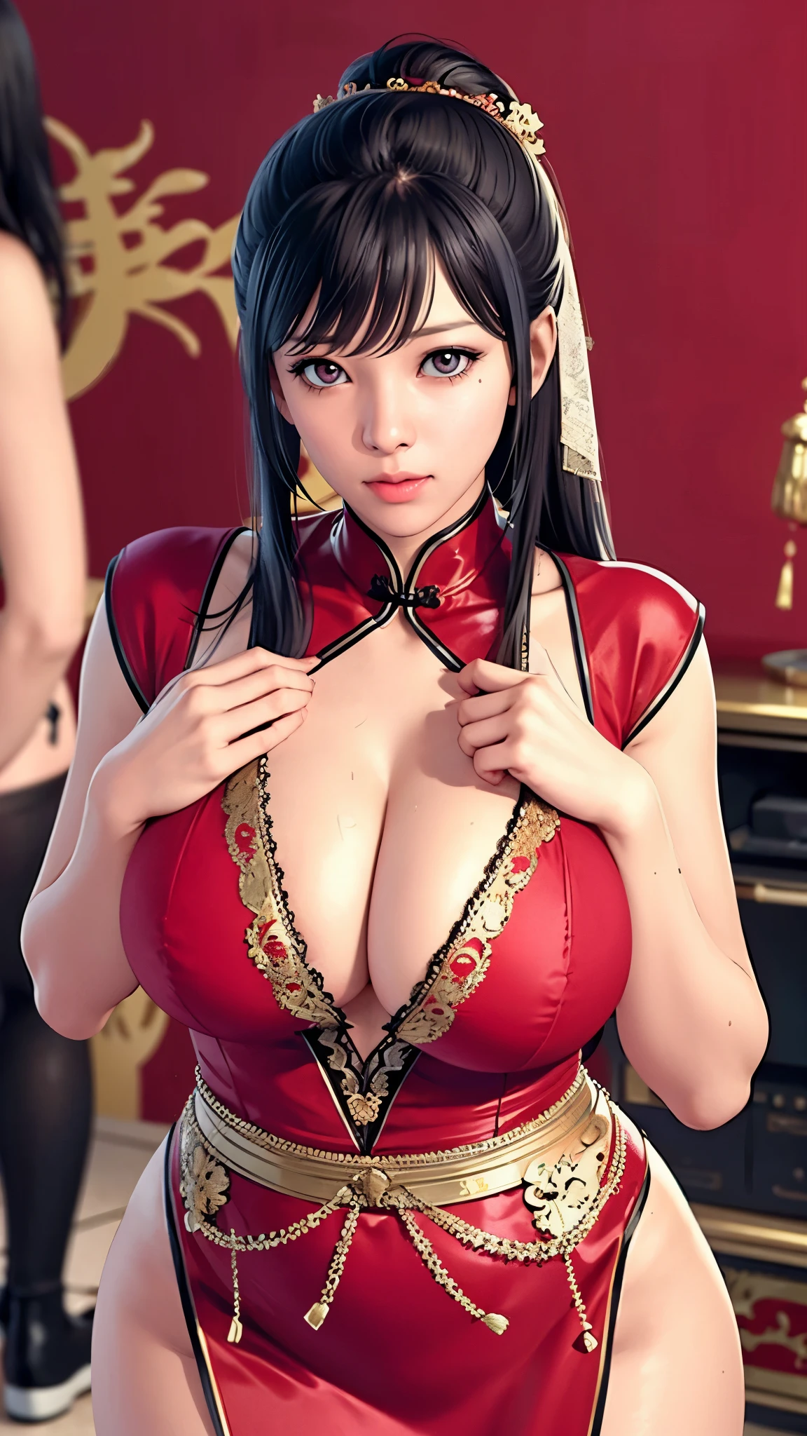 （（（完美figure，figure，red hanfu，Winter Hanfu，Chinese clothes,red clothes，red background,dragon，(Chinese fabric:1.2), hanfu， Dragon and girl，dragon帽兜，（（（ailisha，Brown pupils，1girl，solo，long black hair，Exposing bangs ））），（（（wide hips））），S型figure:1.7））），((masterpiece)),high resolution, ((Best quality at best))，masterpiece，quality，Best quality，（（（ Exquisite facial features，looking at the audience,There is light in the eyes，blush，shy，Happy，laughing out loud））），（（（Light and shadow interlace，huge ））），（（（looking into camera，condom wrapper，Condoms, condom packaging, semen，sweat）））