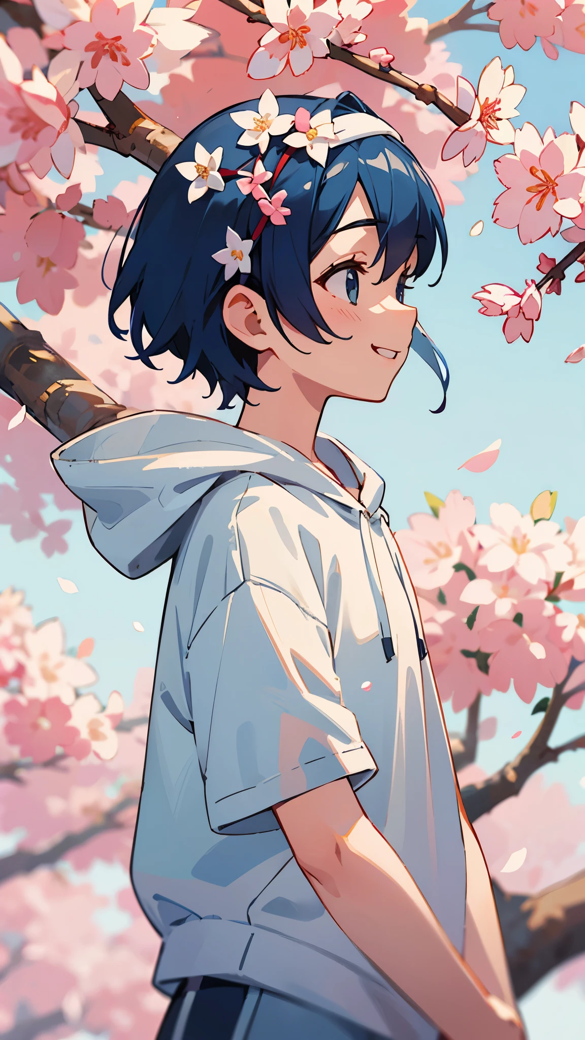  girl、solo、Short navy blue hair like a boy、white headband、profile、smile、wearing a white hoodie、white t-shirt、upper body close-up、shorts、Cherry blossom street tree background