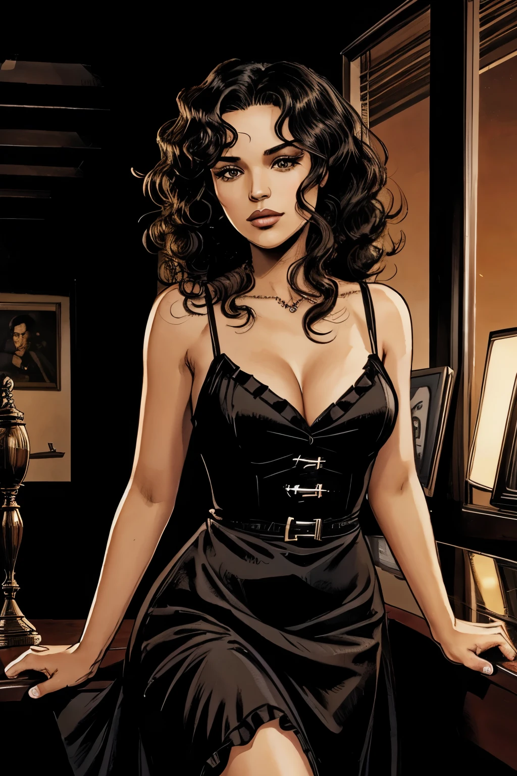 A girl, black hair, curly hair, brown eyes, mobster, bad look, mafia style, dress  , best quality, masterpiece. 