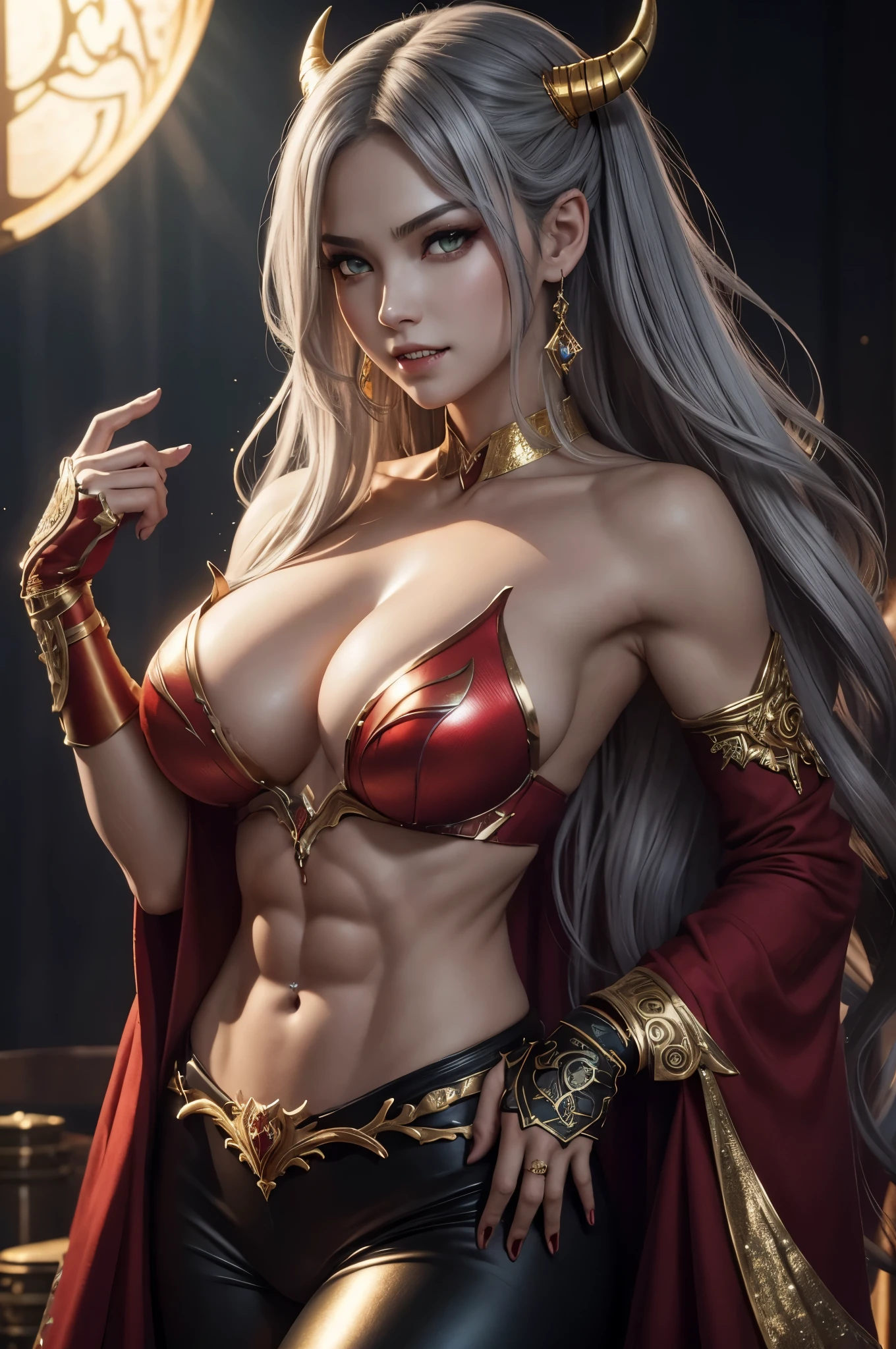 8K、A bewitching succubus wearing a luxurious red casual outfit.,super beautiful(Like the real thing)、gorgeous red and black pants,Women of Ala Fed、Beautiful wavy silver hair、big and full breasts、5d cgi anime fantasy artwork、fan art mayo art station、デジタルfantasy art)、wallop loss draw、壮大なfantasy artスタイル、beautiful succubus、Charm、Beautiful fangs、looking at the viewer、captivating gaze、laughter、masterpiece,masterpiece,Photorealistic RAW photos of the highest quality。bright colors,rich colors, Backlight, cinematic lighting, film grain, to be born, 50mm lens, Nikon D850,realistic skin,fantasy art,character art,ultra high resolution,realistic scale skin,goddess of evil,horn of evil god,Macho with muscular slender body,Violent and strongly cracked abdominal muscles,golden eyes(Golden Glitter Effect),Violent and strongly cracked abdominal muscles(超realistic skin),smile,white shirt,red and silver jacket,
