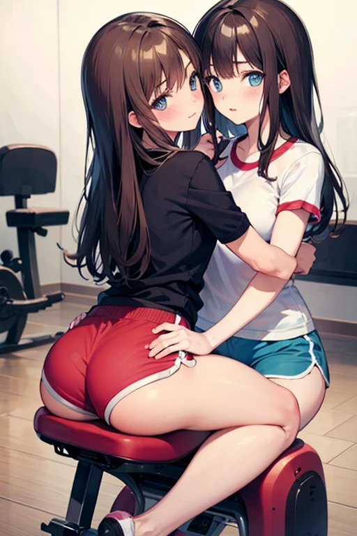 Two girls kiss while sitting on gym cycle saddle cushion, blue eyes, ass, brown hair, long hair, blush, looking at viewer, dolphin shorts, shoorts
