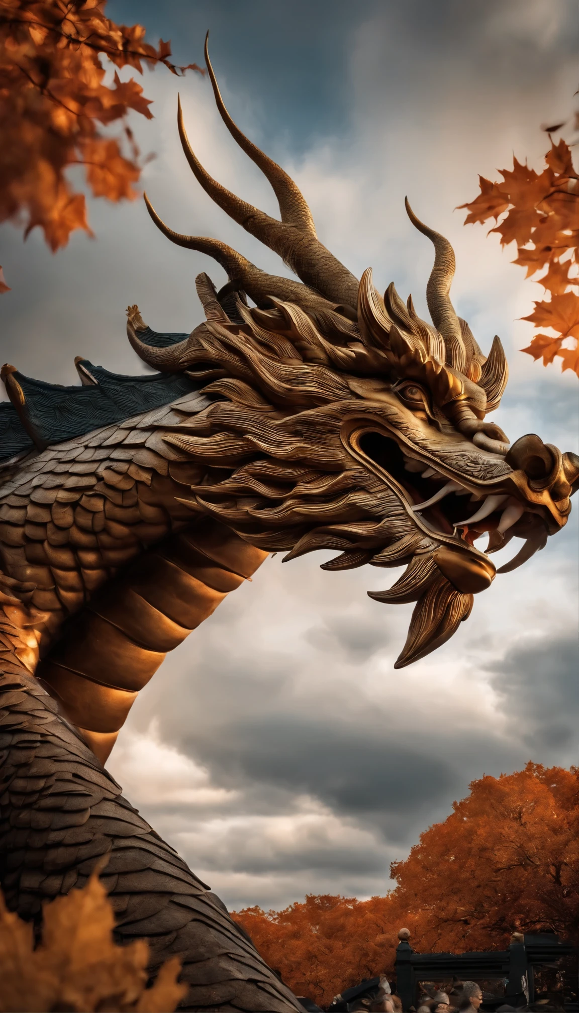 City,Cloud,evening,autumn leaves,surrounded by clouds,thick clouds,high quality,masterpiece,surreal,Super real photos,8k,Super fine,Super detailed,Ultra-wide angle of view,dynamic perspective,no humans,Chinese dragon