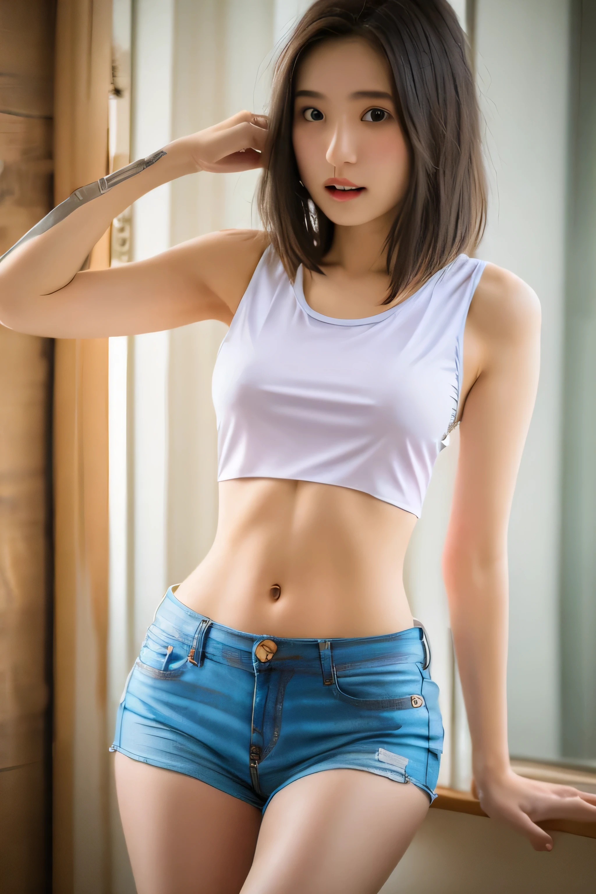 Photo of a Japanese woman wearing white clothes (Tank top:1.4) , (side boob),  cute, Shyness, , (((thin sexy clothes:1.4))), black hair, (short hair), looking at the viewer, realism, video effects, Volume measurement Lighting, Volume measurement Light, Volume measurement, Natural light, advanced details, detailed and complex, intricate details, high intricate details, Huge amount of details, confused, High resolution, medium shot, single shot, shallow focus, lips, medium breasts, detailed shadow,
  