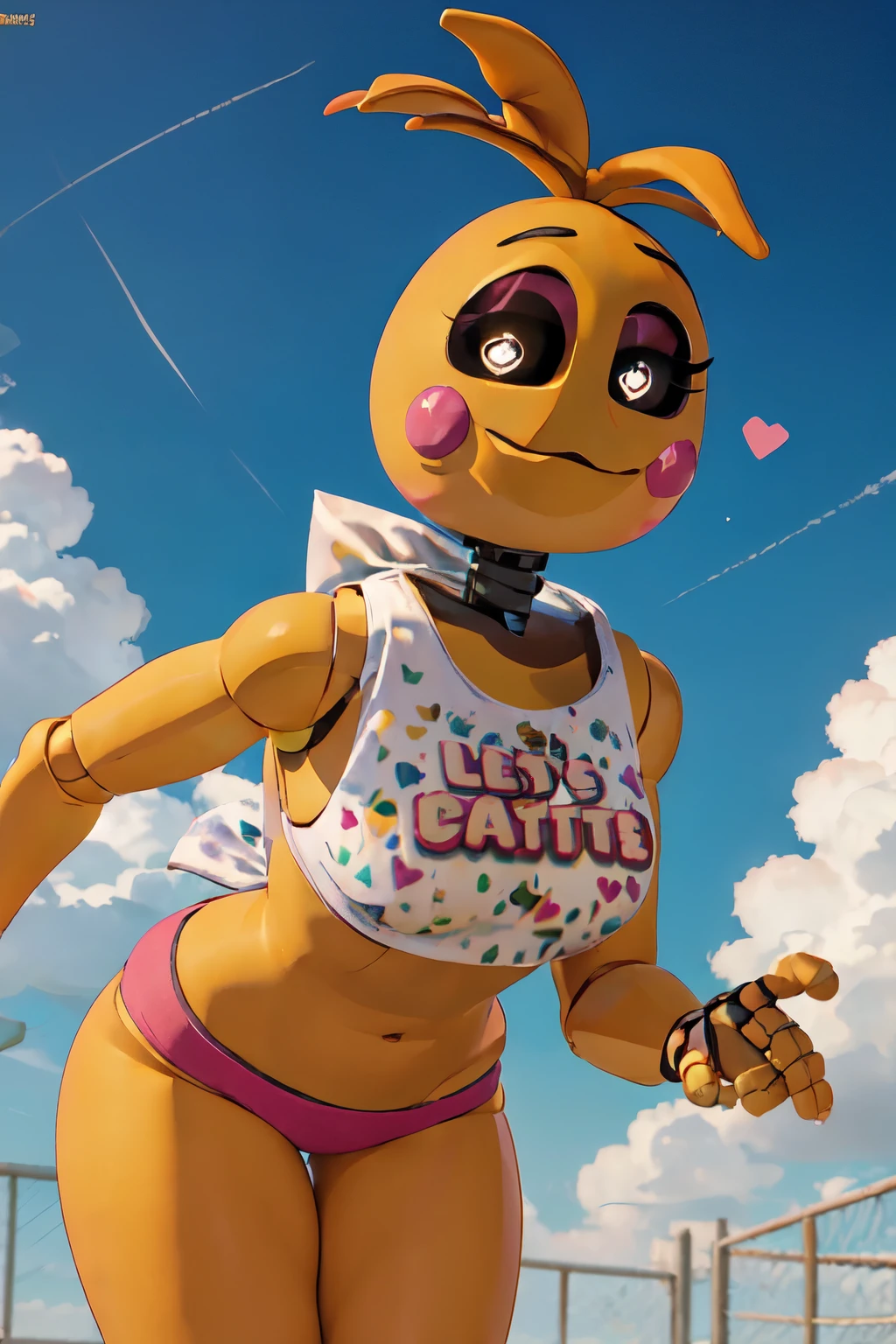 (masterpiece, best quality:1.2),  ToyChica, 1girl, solo, blush stickers, panties, underwear, pink panties, breasts, crop top, heart, colored skin, shirt, yellow skin, symbol-shaped pupils, heart-shaped pupils, black eyes, large breasts, joints, collar, standing, clothes writing, colored sclera, antenna hair, white shirt, dutch angle, cropped legs, all fours, outdoors, cleavage, bursting breasts,sweat