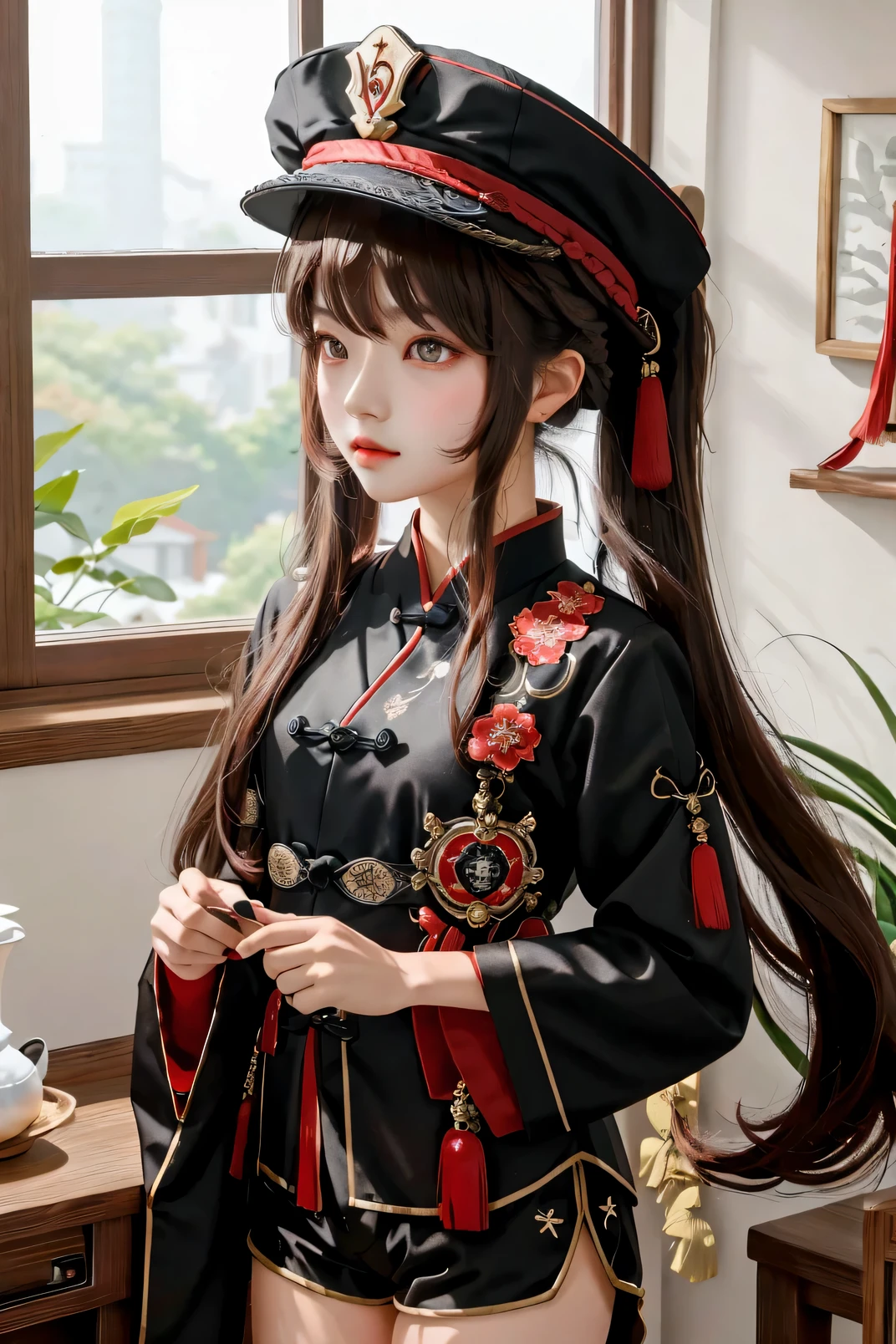 masterpiece, best quality,
1girl, hu tao (genshin impact), boo tao,hat, red eyes, twintails, brown hair, solo, symbol-shaped pupils, long hair,bangs, black shorts , chinese clothes,