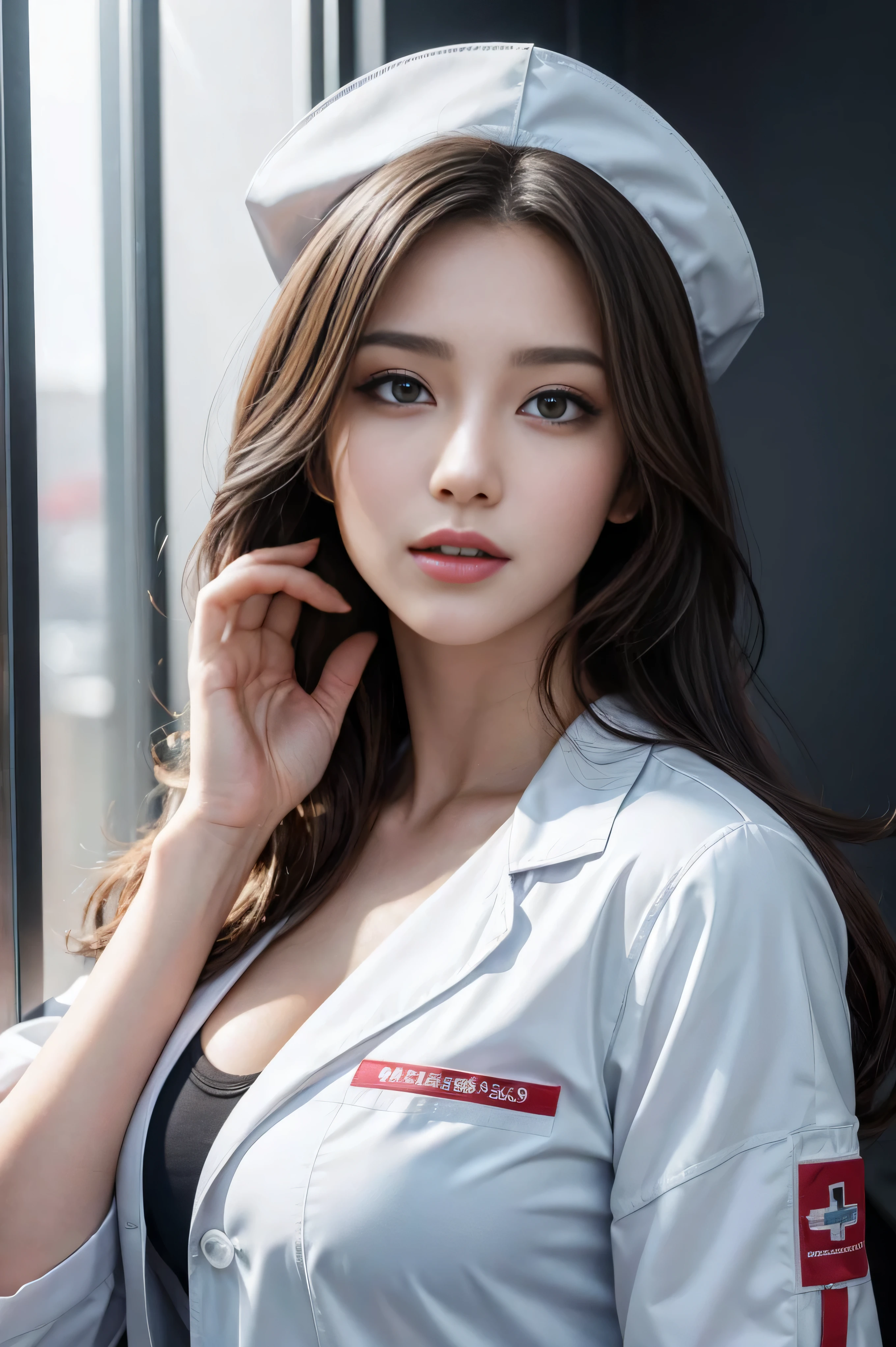 Realistic beauty nurse, lab coat , 8k, Perfect body，perfect face，perfect hands，perfect hands指，Perfect breasts，perfect hair，Perfect image, realism, detailed, highest resolution hyperrealism vector image ray tracing octane render
