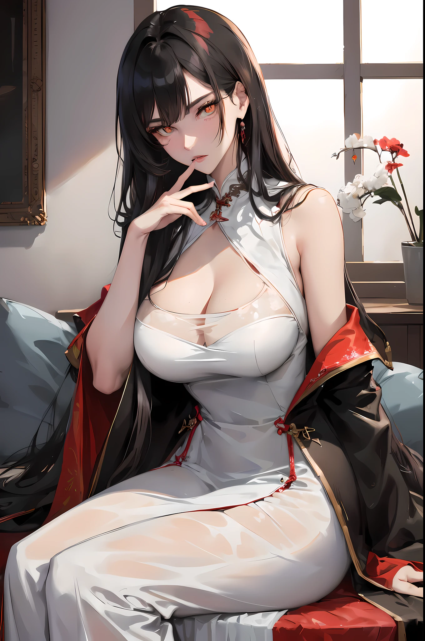 (Highest high resolution, distinct_image) Best quality at best, A woman who is, solo,tmasterpiece, highly detailed, Semi-realistic, Black inch, black color hair, By bangs, 18yr old, mature, 年轻, Tall and strong, Blackn clothes, black uniforms, trouser,Wedding dress,Military academy,indoor background,Cold,serious,large tall,Handsome,tyrannical,Powered,Delicate facial features,Delicate facial features,Horror theme,Ultra detail,, Perfect face shape, Oversize models, Mature woman, Wearing a red Chinese wedding dress, Tall and long legs, (((Large breasts))), (((Glazed pupils))), Magical feeling,Long messy hair,full bodyesbian,Hand details,Finger details,Beautiful anime Huaifu style girl,Super detailed drawing,Luminism,Art concept art by Kahngriffith and Vadim Kashin,
