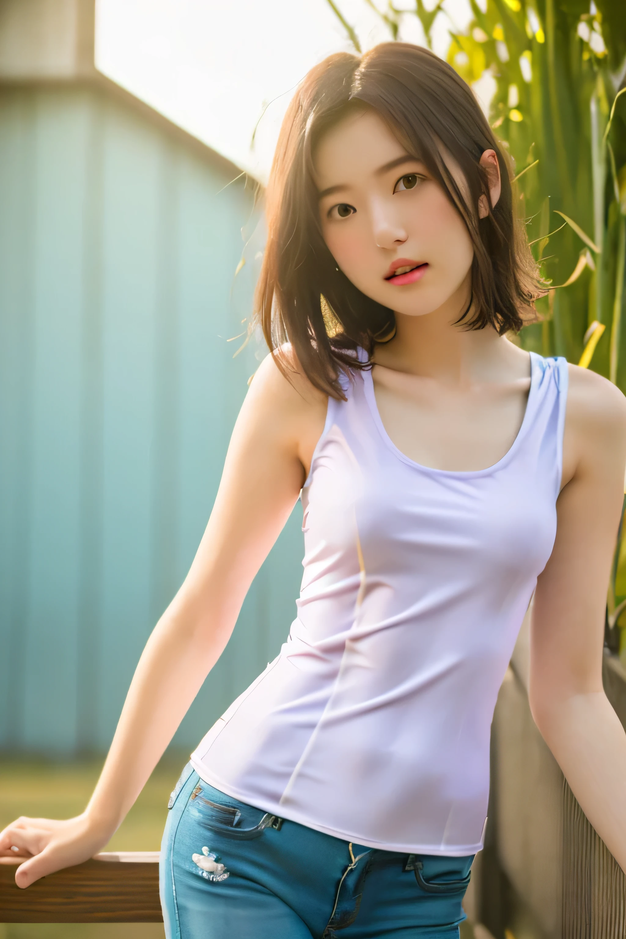 Photo of a Japanese woman wearing white clothes (Tank top:1.4) , (side boob), cute, Shyness, , (((thin sexy clothes:1.4))), black hair, (short hair), looking at the viewer, realism, video effects, Volume measurement Lighting, Volume measurement Light, Volume measurement, Natural light, advanced details, detailed and complex, intricate details, high intricate details, Huge amount of details, confused, High resolution, medium shot, single shot, shallow focus, lips, medium breasts, detailed shadow,