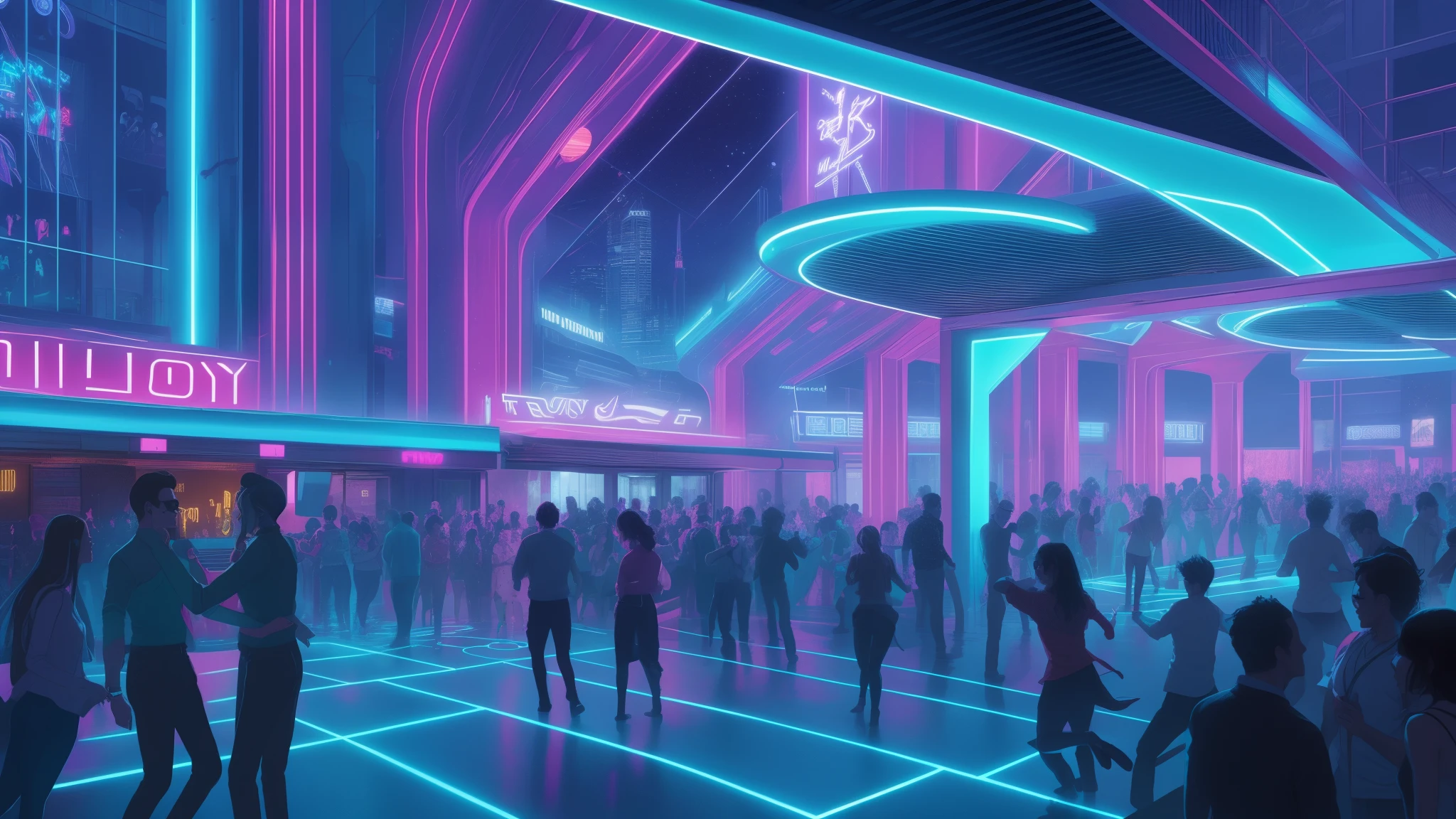 Create a vibrant ambience on a terrace inspired by the fantastic universe of Tron - The Legacy, flooded by the glow of ultra-realistic neon, filled with people dancing, kissing, singing, in a night full of life and energy