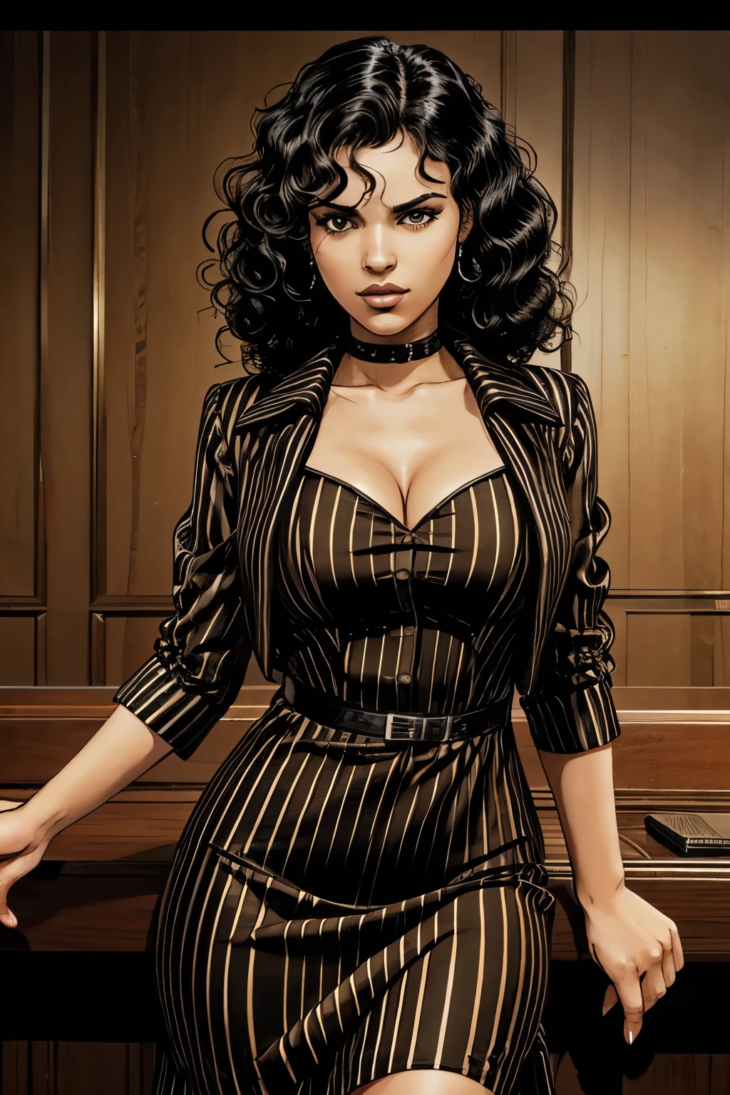 A girl, black hair, curly hair, brown eyes, mobster, bad look, mafia style, striped dress , best quality, masterpiece.