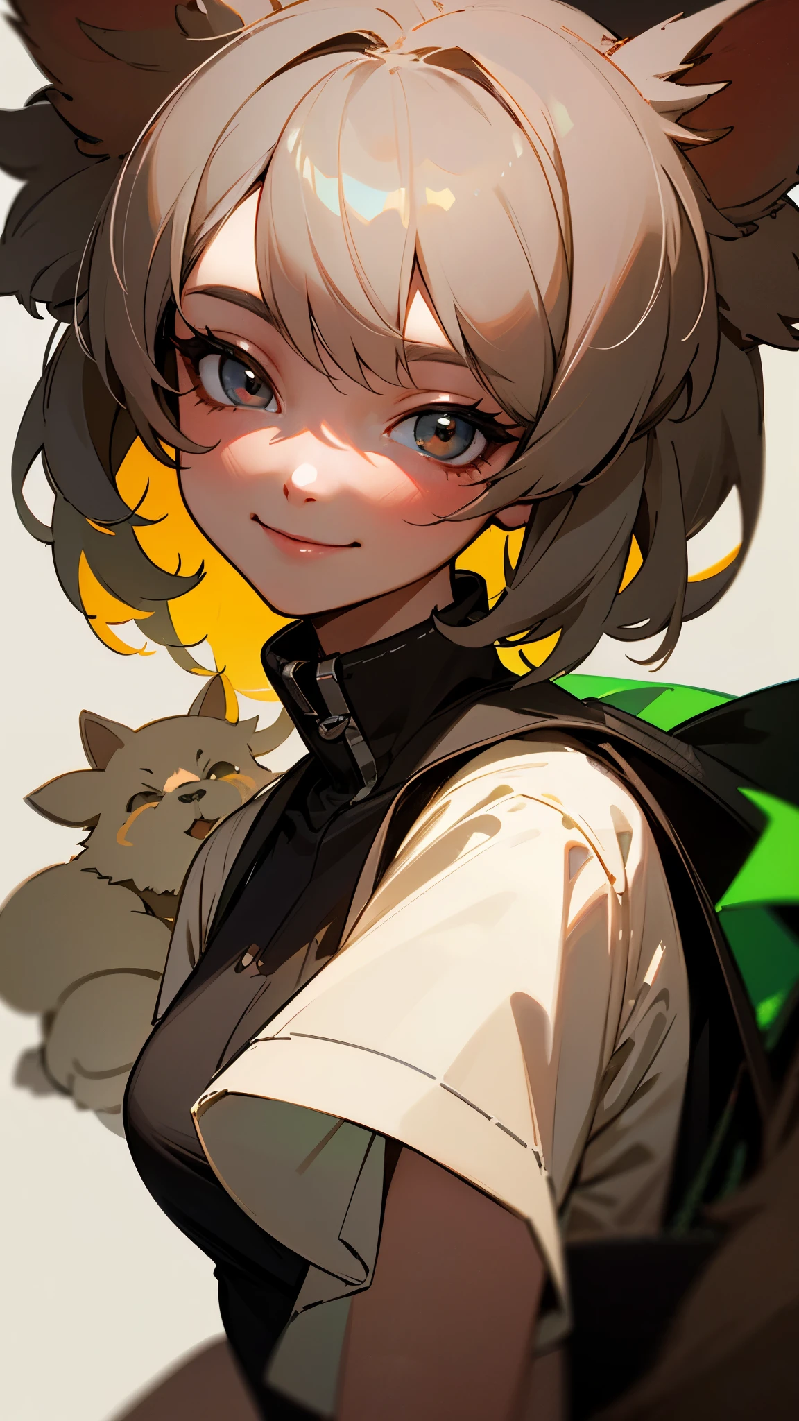 short gray hair、dog ears、and a smiling girl。(highest quality、Super detailed)、digital painting、Bright colors、soft lighting