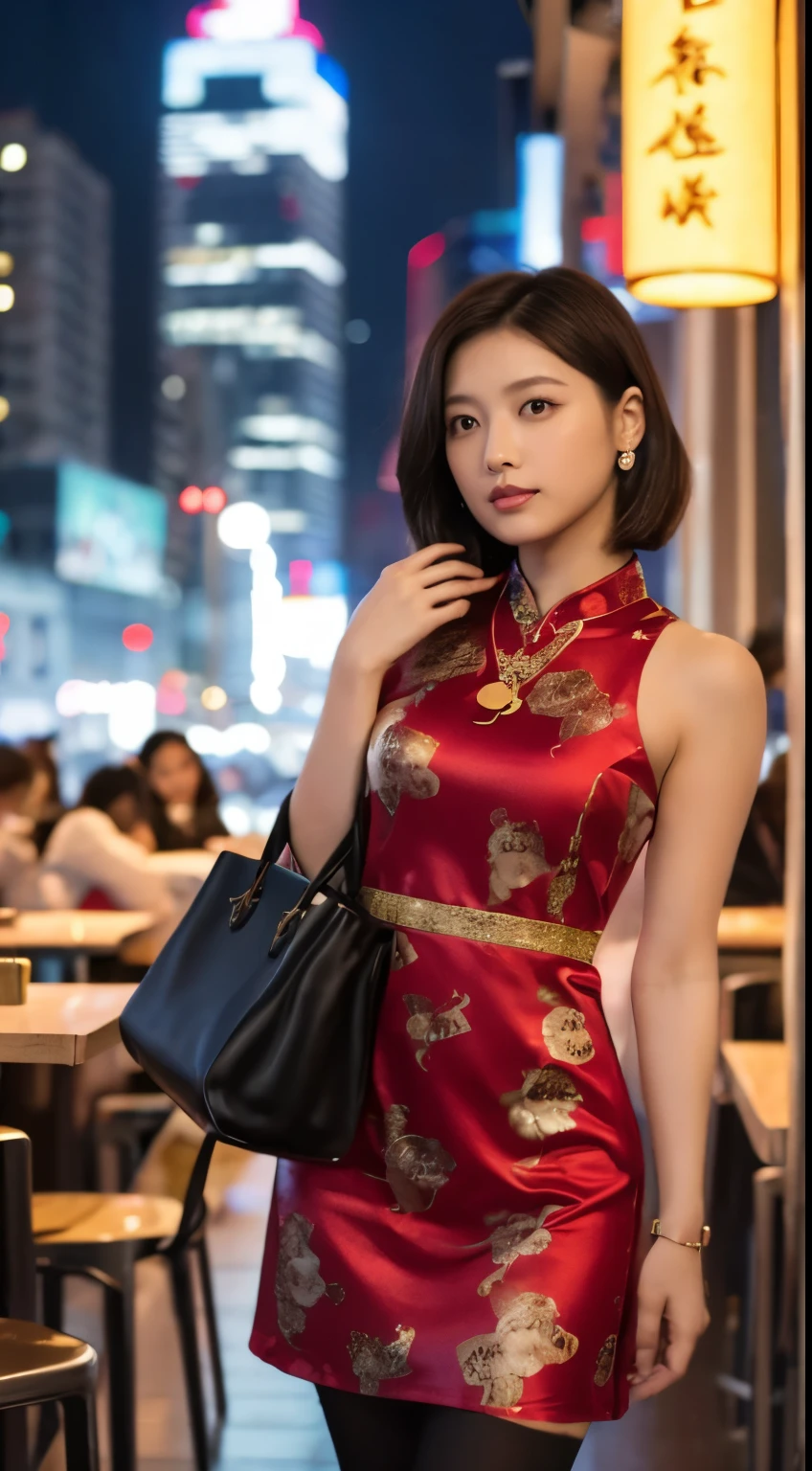 high-definition images, atmospheric perspective, 8k, super detail, accurate, best quality, angle from below, a woman, drooping eyes, sleepy face, blush, in the city, busy, skyscrapers, ((bo bc hair, short hair , length below ears)) skirt, thick tights, high boots, shoulder bag, necklace, restaurant with large windows, standing , Chinese new year dress (red bodycon dress printed), night scene, ((bo bc hair))