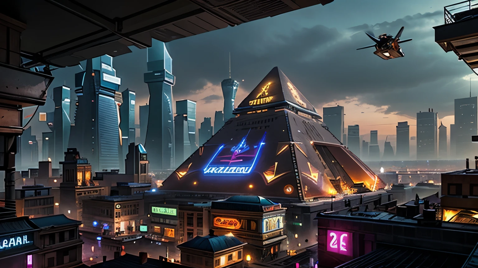 Giza pyramid, old pyramid, surrounded by cyberpunk city, futuristic, neon lights, dystopian, high-tech cityscape, flying vehicles, vibrant colors, night city