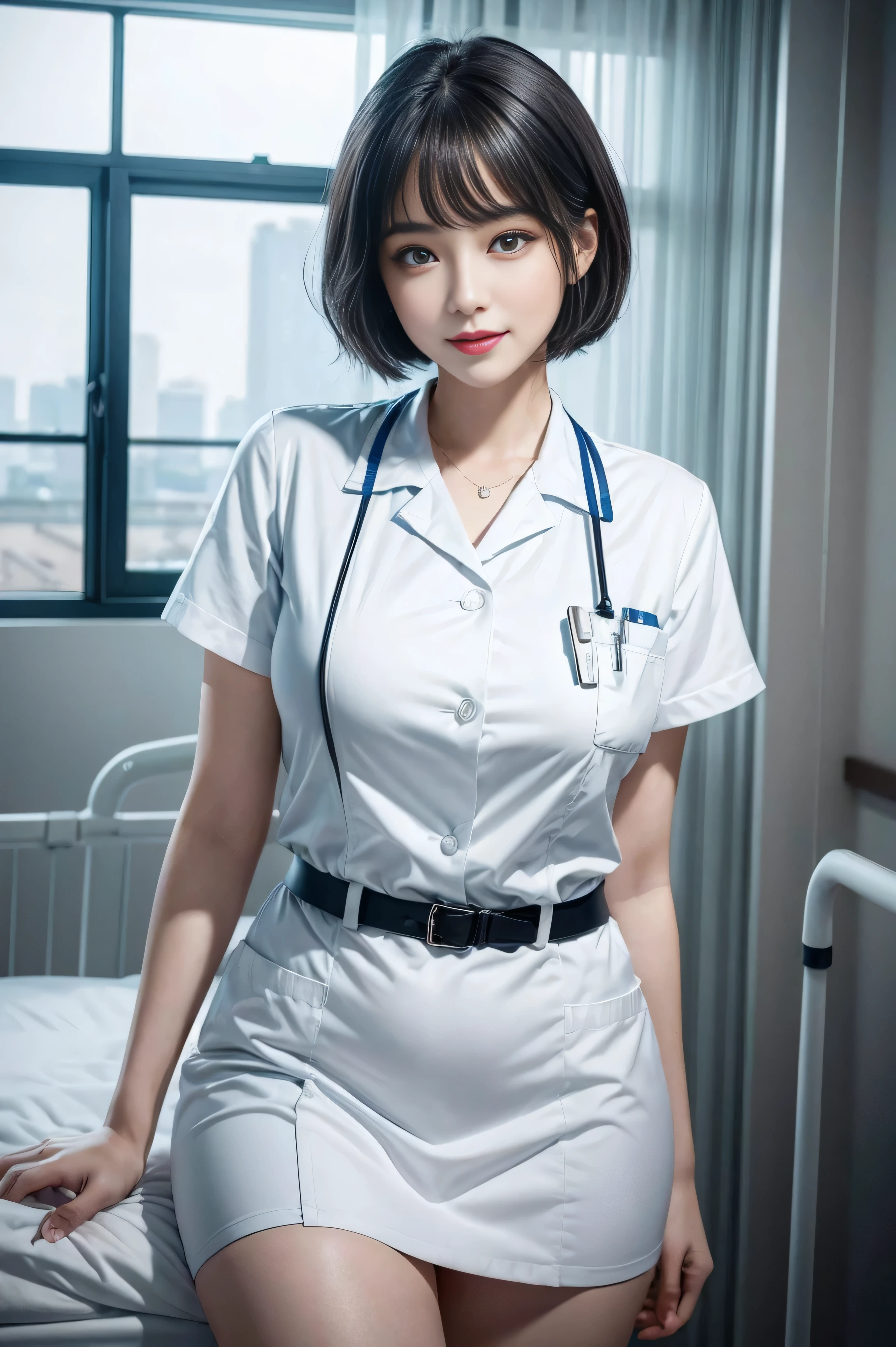 (1 终极美女Nurse)、{{{masterpiece}}}， {ohoh, oh, real：1.2}， best quality， official art， Highly detailed CG unified 8k wallpaper， Very rich facial details、delicate lips、exquisite eyes、double eyelids、((black bob hair))、(Nurse:1.3)、(charming figure)、(huge)、（（Open your mouth and laugh： 1.8， cute smiling： 1.8））， alone， Short hair details， vibrant smile， blue eyes，have eyes_Tokar， {Beautiful details gradient eyes}， red lips，thigh, thigh, thigh, perfect fit, 完美的图像realism, background with: (Hospital Rooms:1.2), cow boy shooting, Detailed background, detailed clothing, perfect lighting、超realism、(realism:1.4)、8K maximum resolution, (masterpiece), The content is very detailed, professional，