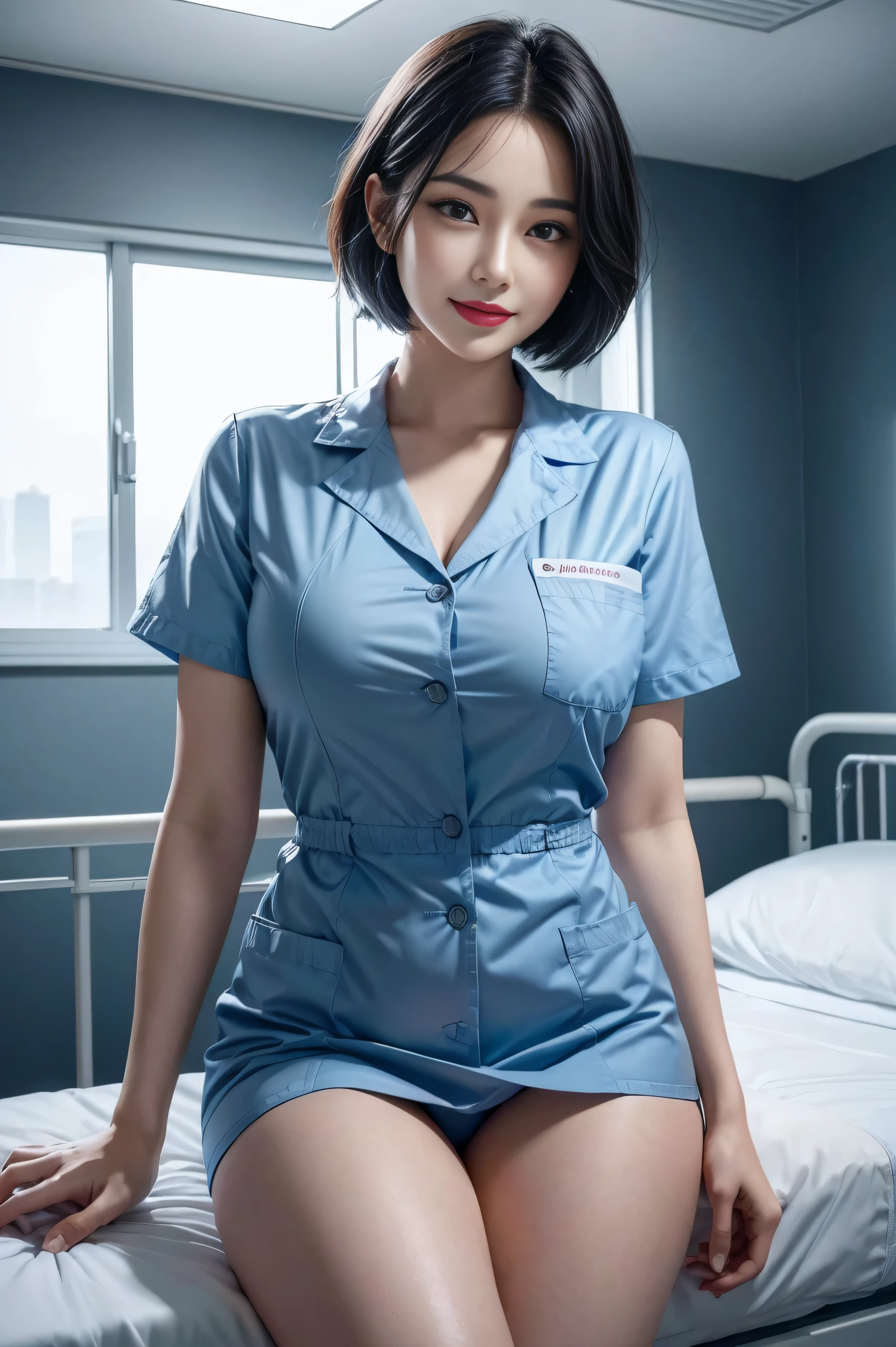 (1 终极美女Nurse)、{{{masterpiece}}}, {ohoh, oh, real:1.2}, best quality, official art, Highly detailed CG unified 8k wallpaper, Very rich facial details、delicate lips、exquisite eyes、double eyelids、((black bob hair))、(Nurse:1.3)、(charming figure)、(huge)、((Open your mouth and laugh: 1.8, cute smiling: 1.8)), alone, Short hair details, vibrant smile, blue eyes,have eyes_Tokar, {Beautiful details gradient eyes}, red lips,thigh, thigh, thigh, perfect fit, 完美的图像realism, background with: (Hospital Rooms:1.2), cow boy shooting, Detailed background, detailed clothing, perfect lighting、超realism、(realism:1.4)、8K maximum resolution, (masterpiece), The content is very detailed, professional,