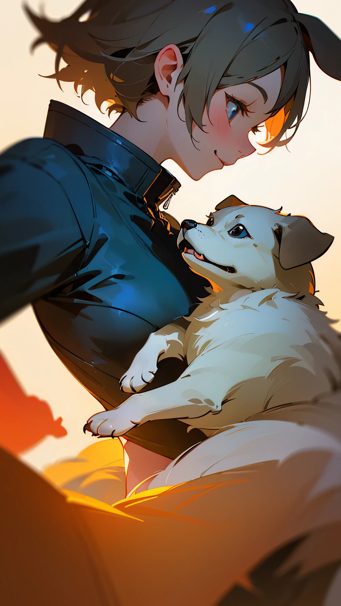 short gray hair、dog ears、and a smiling girl、profile。(highest quality、Super detailed)、digital painting、Bright colors、soft lighting