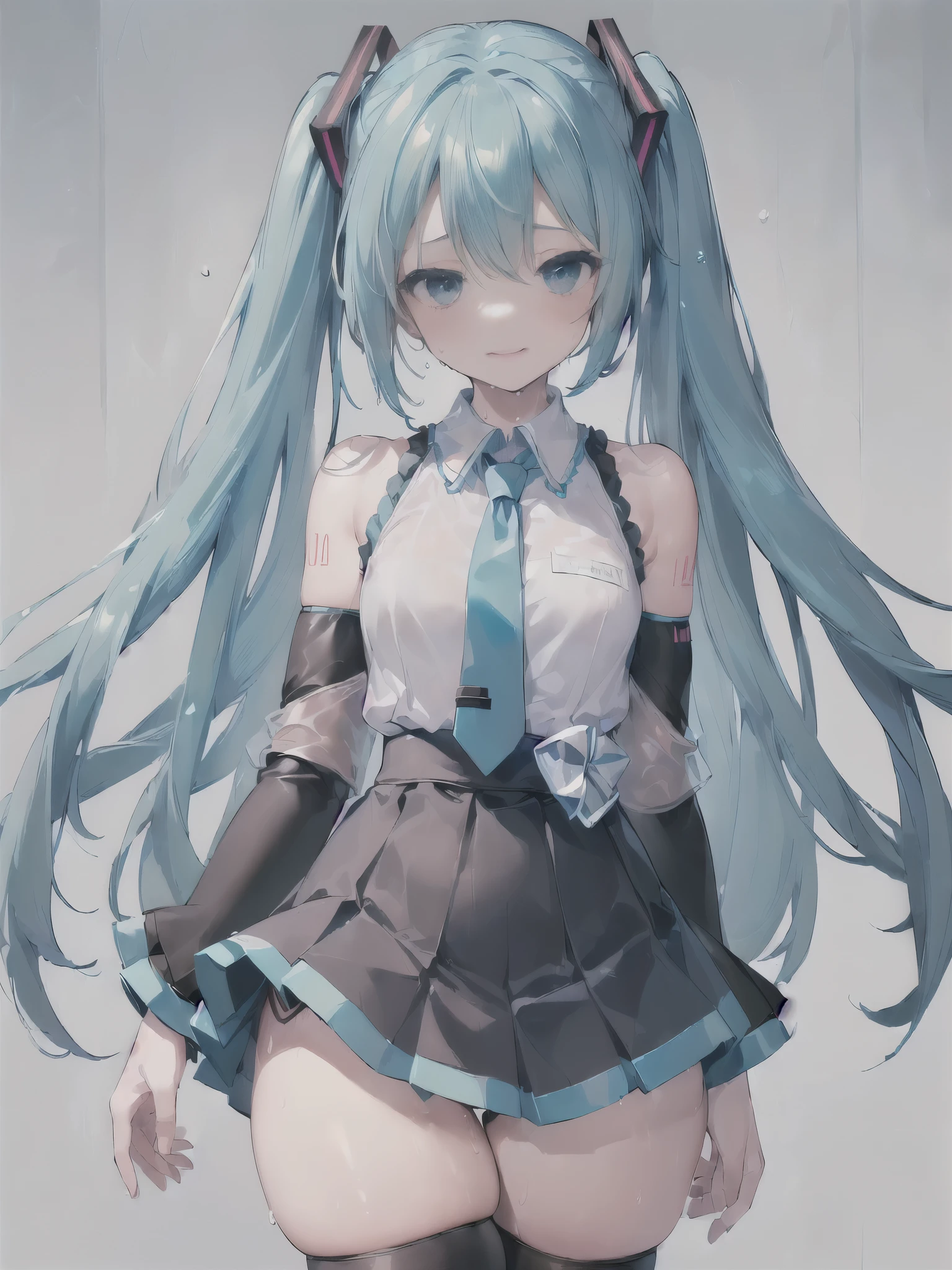 (((highest quality, masterpiece, High resolution, Super detailed:1.5))), 1 girl, ((hatsune miku)), (, pretty girl, pretty girl), (teal twin tall, Teal long twin tall) break (pure white blouse, pure white sleeveless clothes), break (black separate sleeves, black removable sleeves:1.3), break solid blue long necktie, break (black micro mini skirt, The hem of the skirt is blue), break ((fully exposed panties, Blue striped panties, the skirt flaps, skirt went up:1.2)), break (black stockings boots, black stockings) break ((flat chest, thin waist, small hips)), (((Sweat, thick thighs:1.3))) naughty smile, blush, whole body,