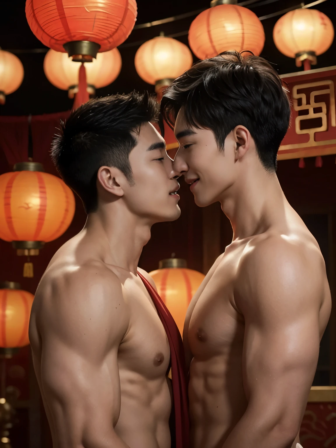 Two naked boys kissing, smiling at each other, Raised sexy, (photorealistic, masterpiece, best quality), 2 handsome asian men, two chinese men, young, slim athletic body, wearing nothing, completely naked,  athletic physique, slender, no body hair, wearing red micro thong, artistic and magical background, chinese mythology, chinese red lanterns, Chinese dragon in the background, lunar new year inspired, reds and golds, fantasy art,