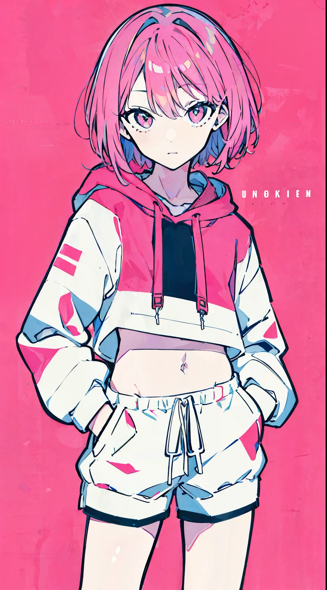 (masterpiece, highest quality:1.6), alone, thick outline, (simple background, Bright pink background, monochrome, bright pink theme:1.2), official art, Key Visual, 8K, confused, whole body, (Unique hair, oversized hoodie, hot pants, arch back, short torso:1.2), belly button, thighs, cowboy shot, HDR, sharp focus, High resolution, most detailed, very detailed, Super detailed, finely, detailed eyes and face, sharp pupils, realistic student, alone, pink and white contrast, alone, hands in pockets