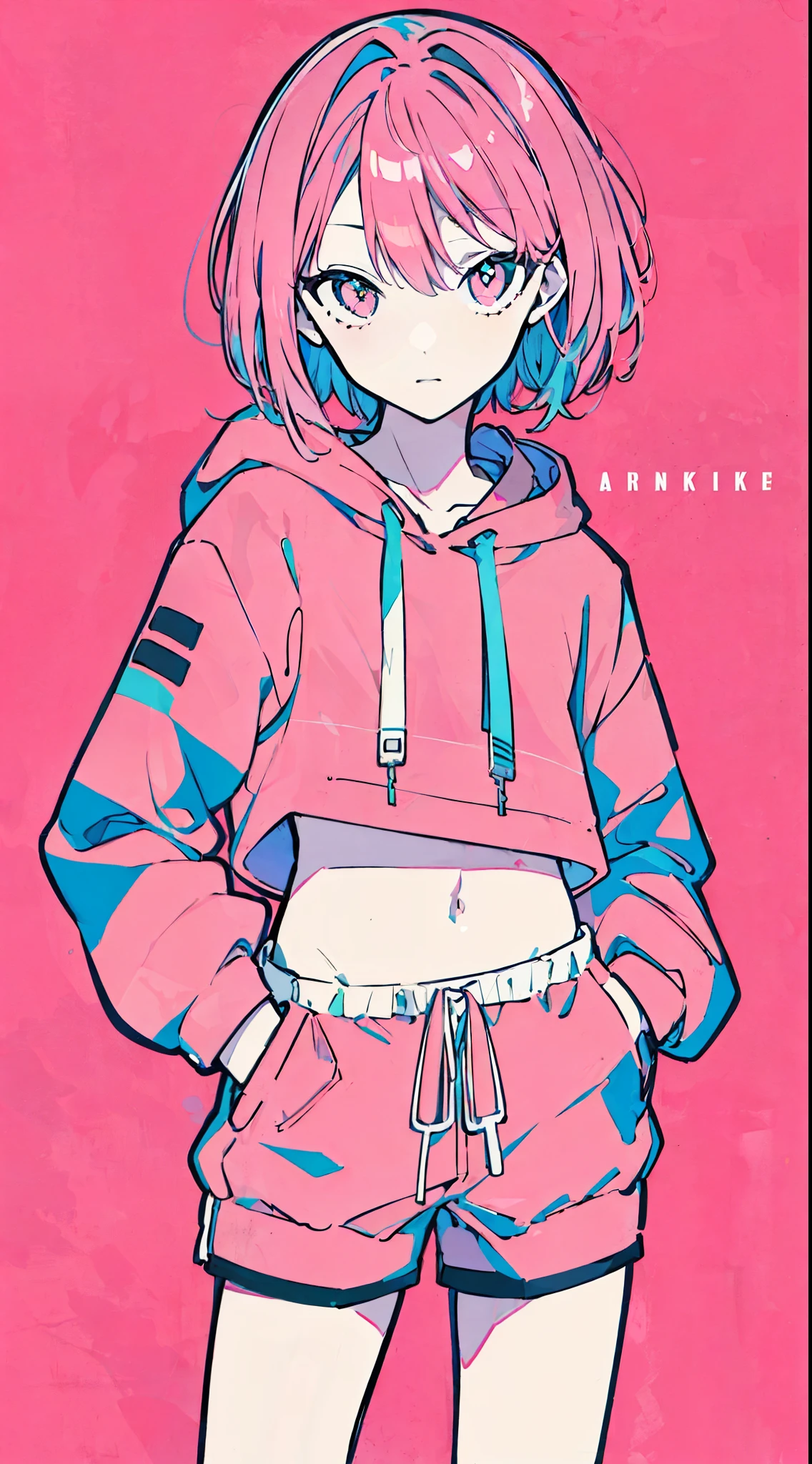 (masterpiece, highest quality:1.6), alone, thick outline, (simple background, Bright pink background, monochrome, bright pink theme:1.2), official art, Key Visual, 8K, confused, whole body, (Unique hair, oversized hoodie, hot pants, arch back, short torso:1.2), belly button, thighs, cowboy shot, HDR, sharp focus, High resolution, most detailed, very detailed, Super detailed, finely, detailed eyes and face, sharp pupils, realistic student, alone, pink and white contrast, alone, hands in pockets