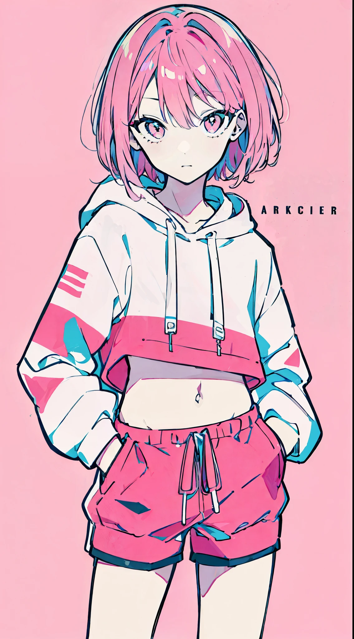 (masterpiece, highest quality:1.6), alone, thick outline, (simple background, Bright pink background, monochrome, bright pink theme:1.2), official art, Key Visual, 8K, confused, whole body, (Unique hair, oversized hoodie, hot pants, arch back, short torso:1.2), belly button, thighs, cowboy shot, HDR, sharp focus, High resolution, most detailed, very detailed, Super detailed, finely, detailed eyes and face, sharp pupils, realistic student, alone, pink and white contrast, alone, hands in pockets